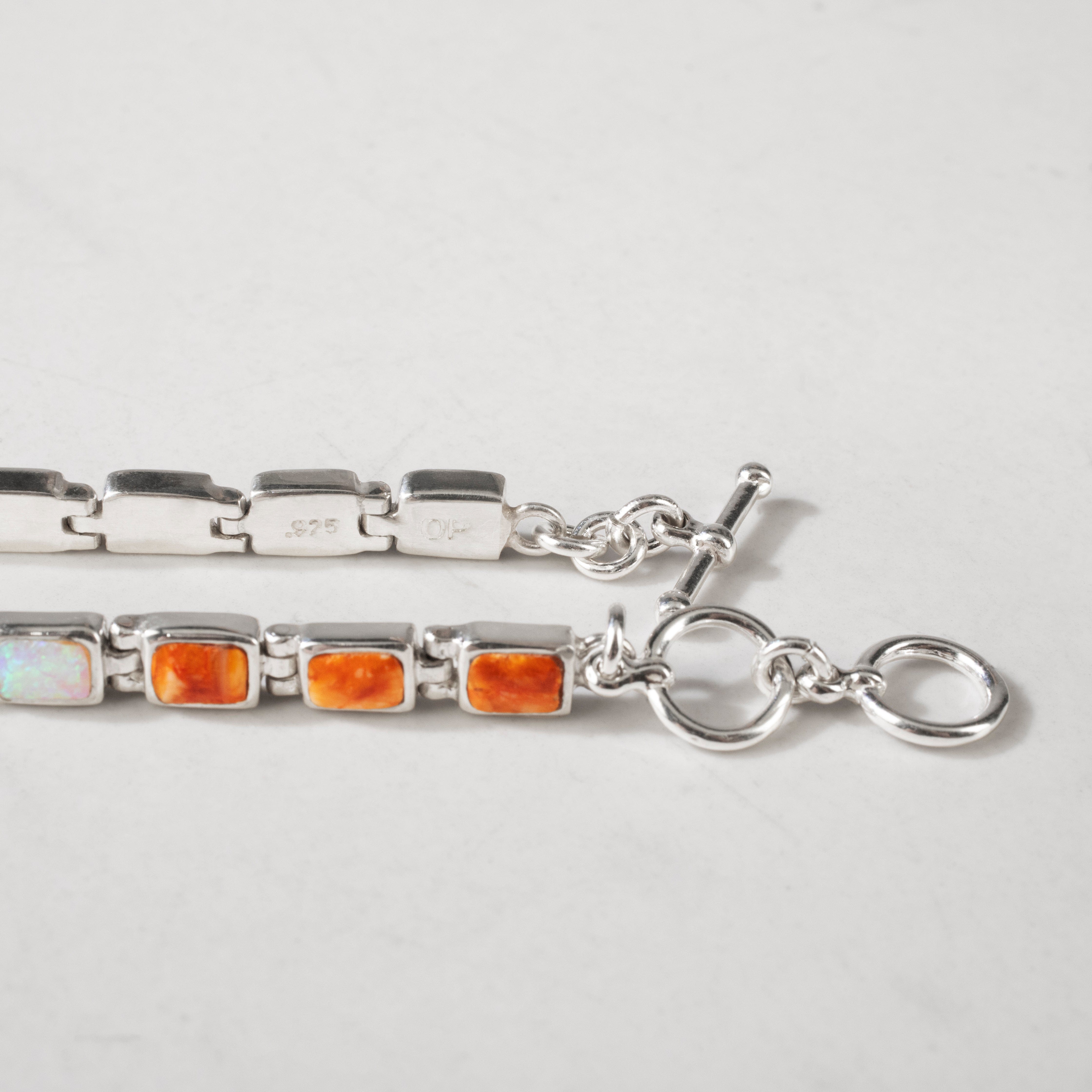 Kalifano Southwest Silver Jewelry Spiny Oyster Shell 925 Sterling Silver Bracelet USA Handmade with Opal Accent NMB.0207.SP