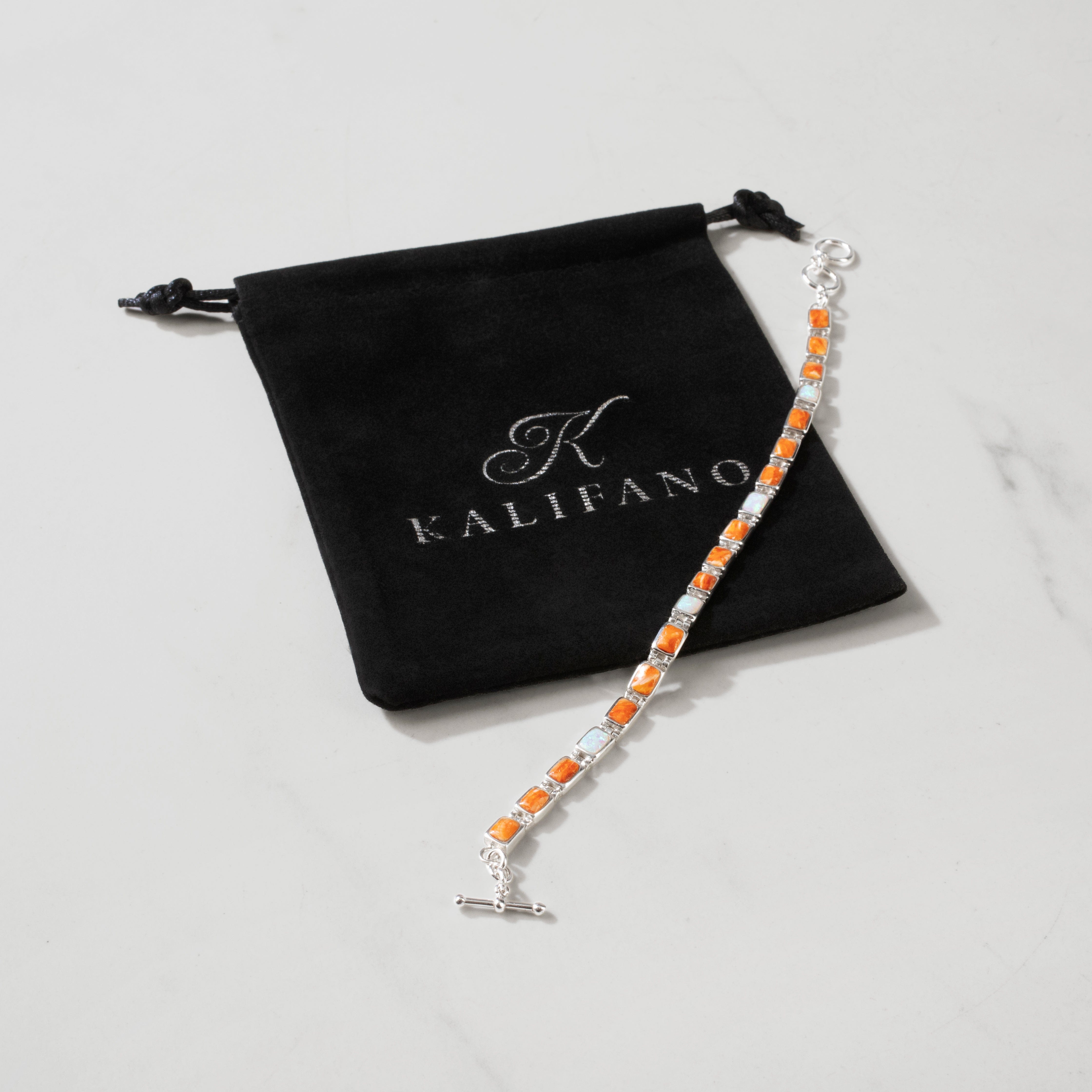 Kalifano Southwest Silver Jewelry Spiny Oyster Shell 925 Sterling Silver Bracelet USA Handmade with Opal Accent NMB.0207.SP