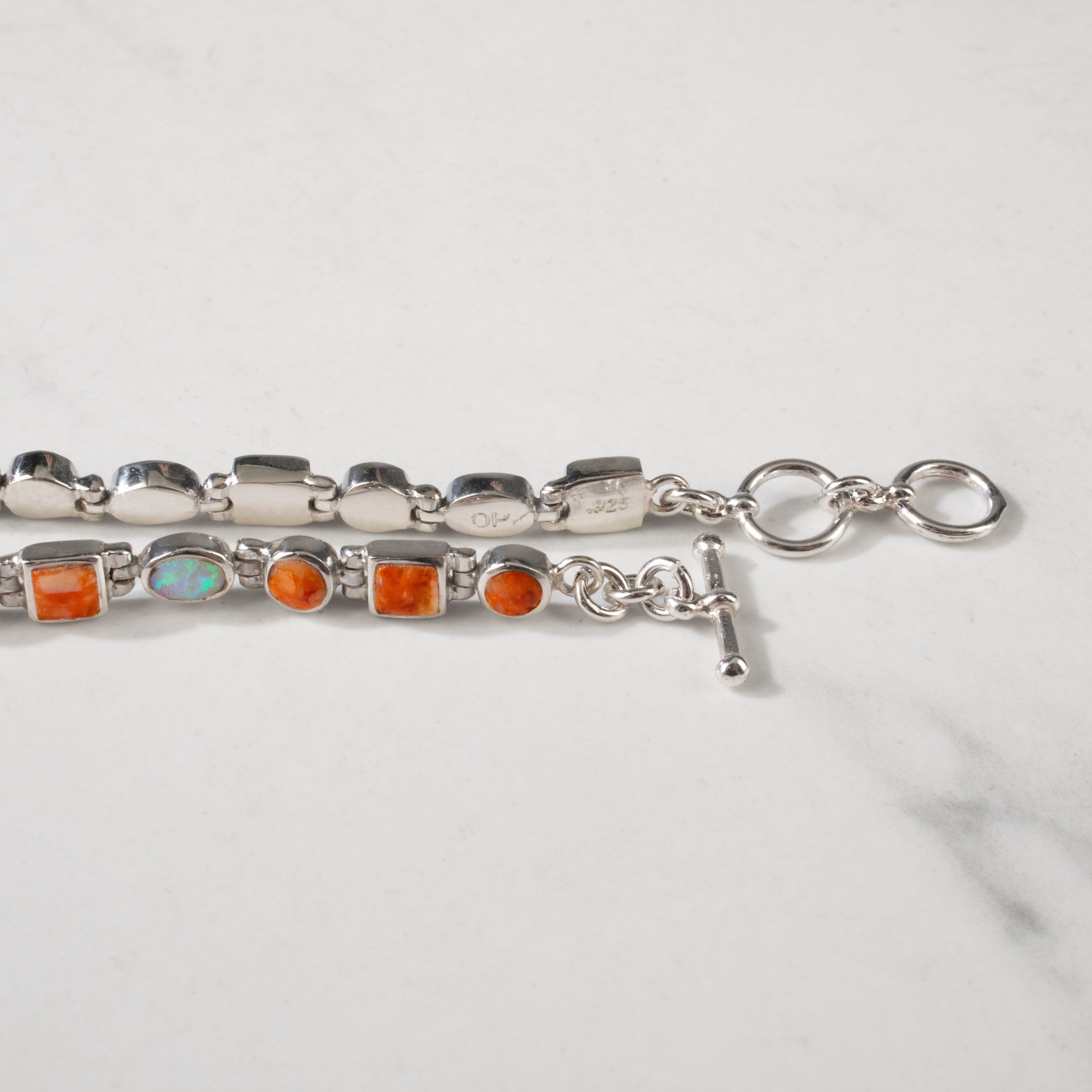 Kalifano Southwest Silver Jewelry Spiny Oyster Shell 925 Sterling Silver Bracelet USA Handmade with Opal Accent NMB.0548.SP