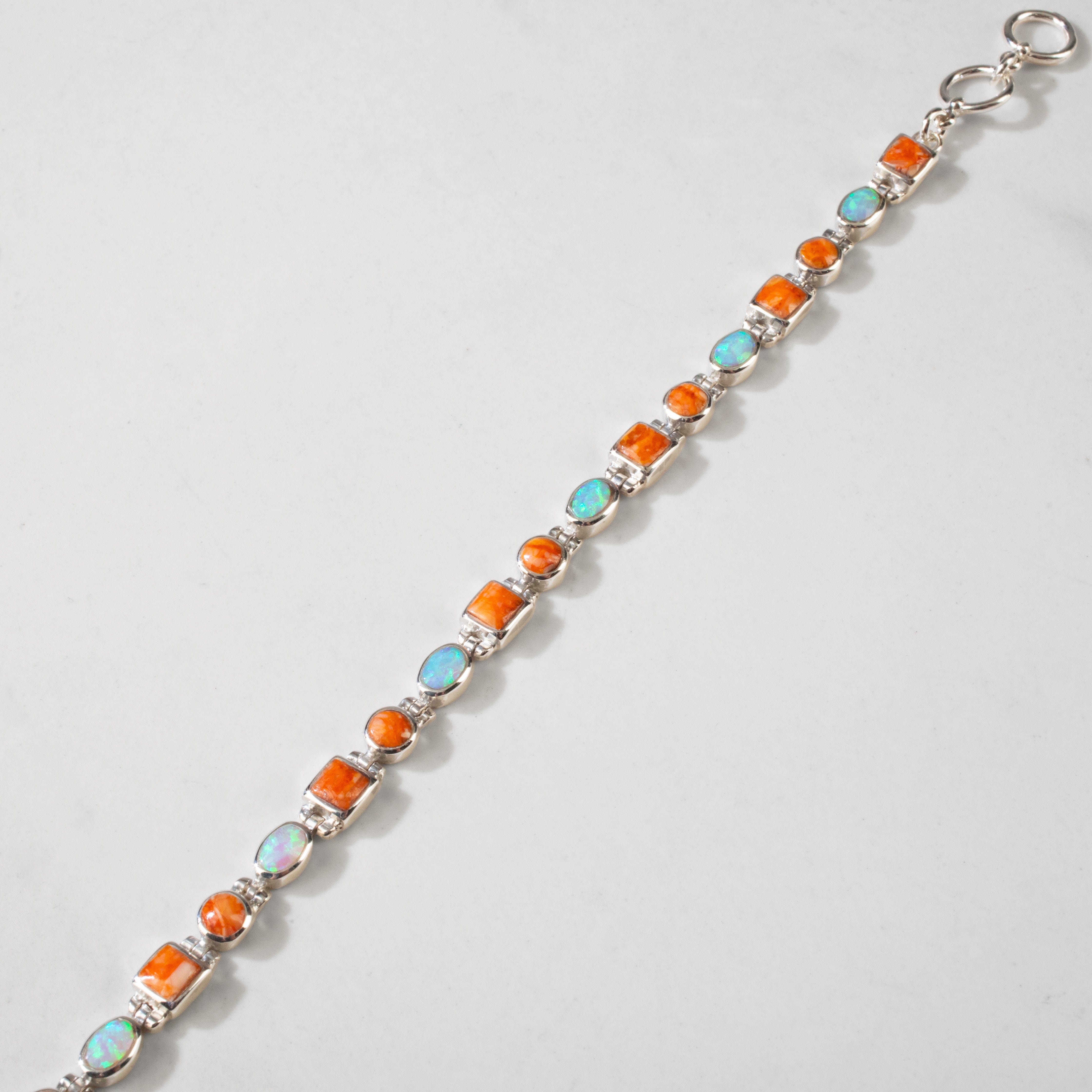 Kalifano Southwest Silver Jewelry Spiny Oyster Shell 925 Sterling Silver Bracelet USA Handmade with Opal Accent NMB.0548.SP