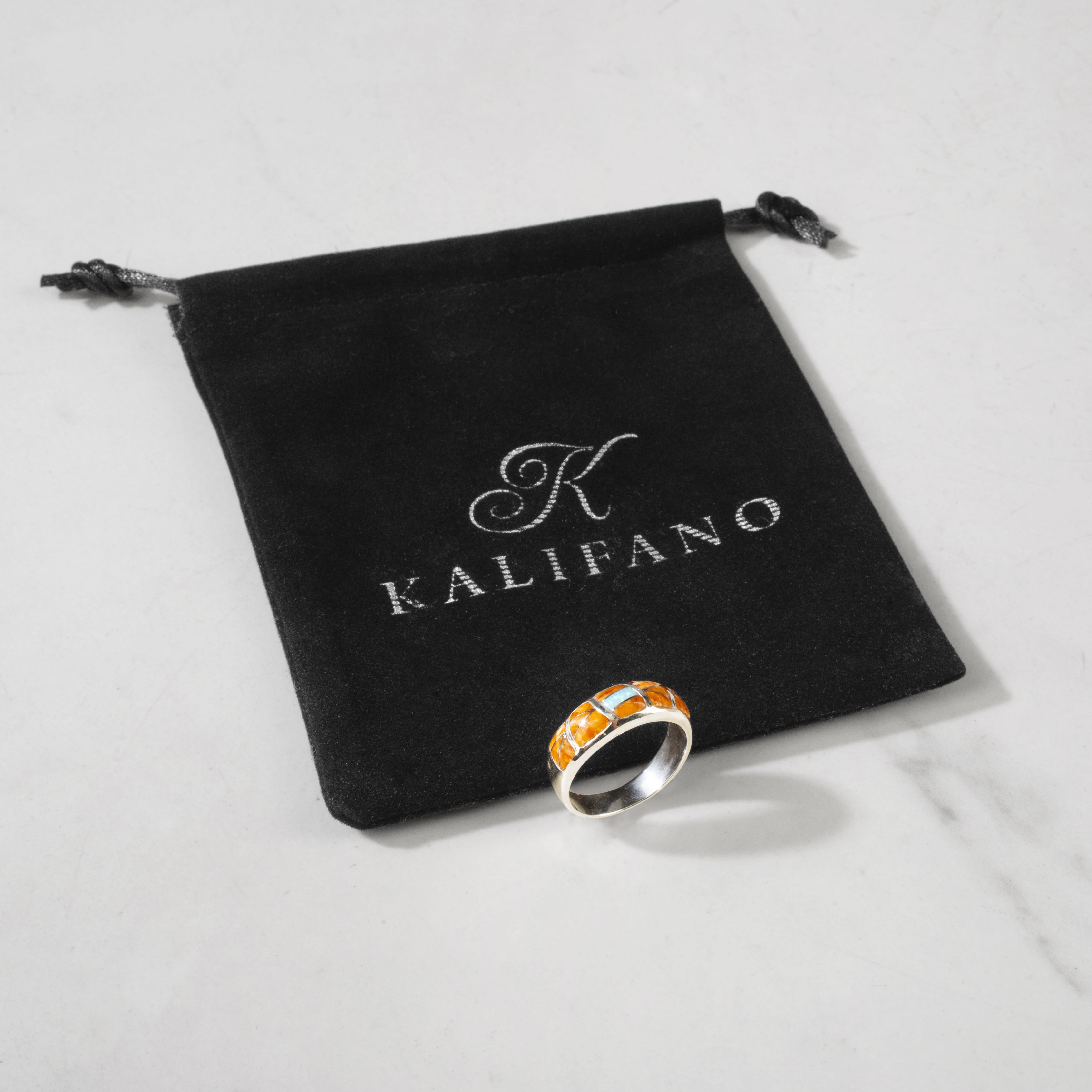 Kalifano Southwest Silver Jewelry Spiny Oyster Shell 925 Sterling Silver Ring Handmade with Laboratory Opal Accent