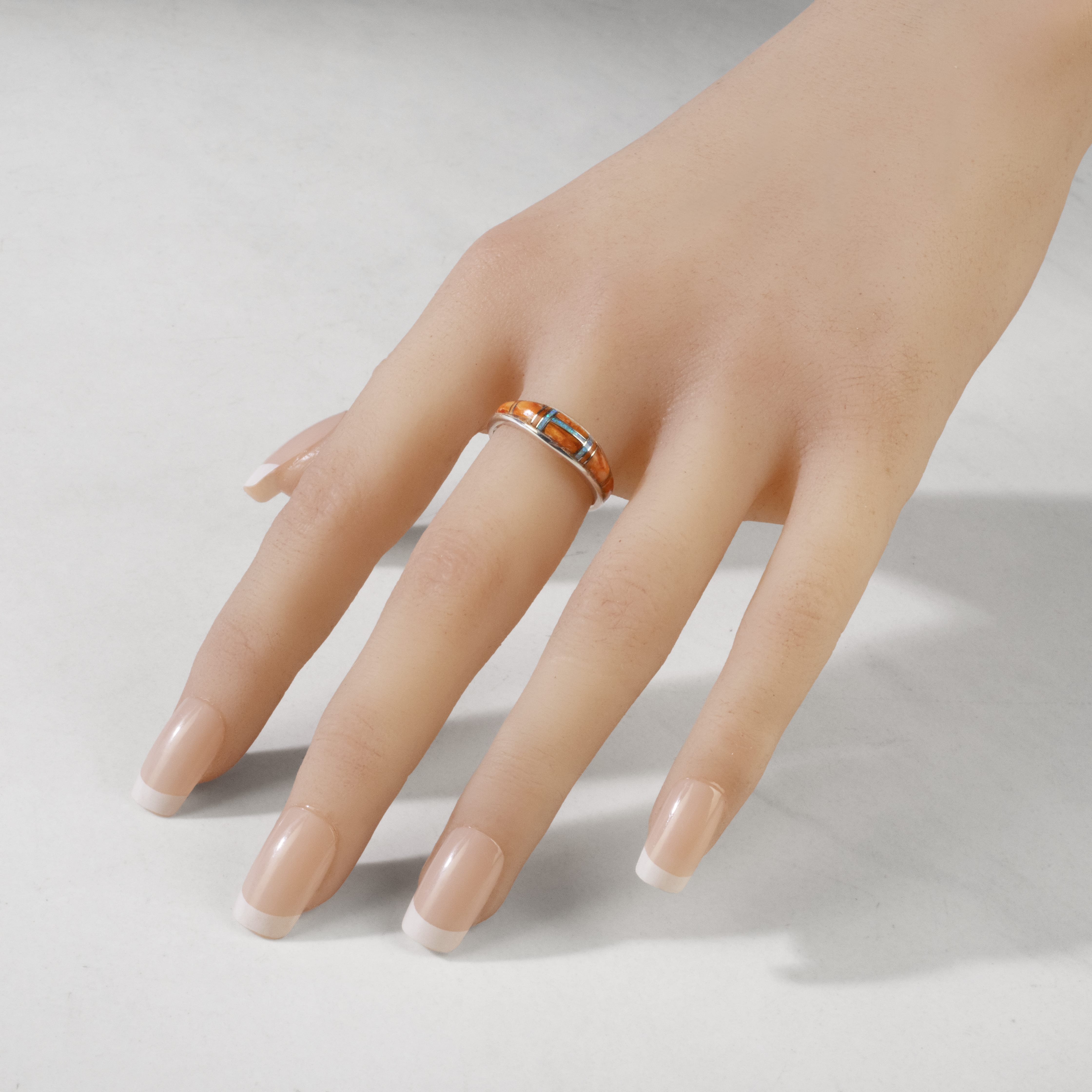 Kalifano Southwest Silver Jewelry Spiny Oyster Shell 925 Sterling Silver Ring USA Handmade with Labratory Opal Accent