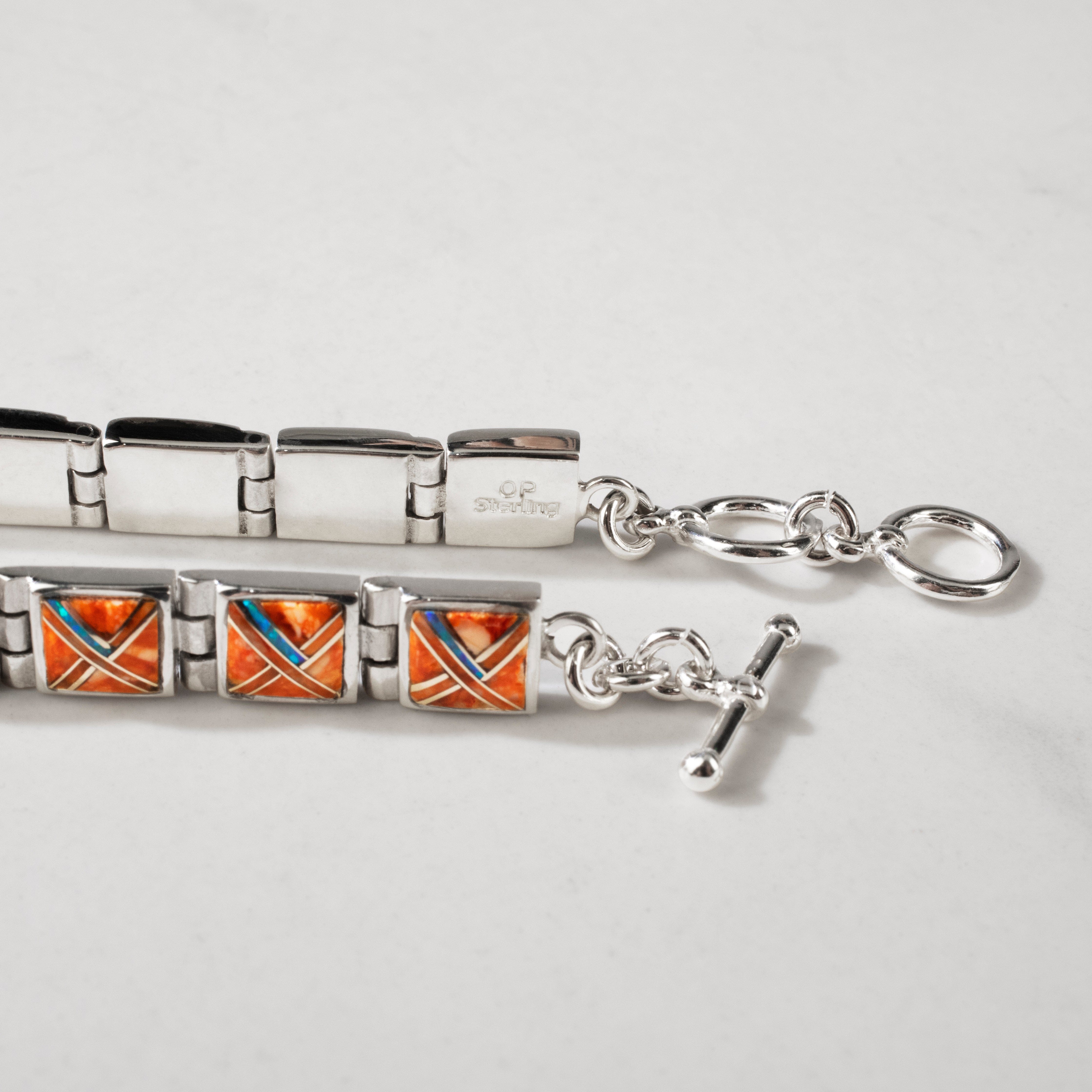 Kalifano Southwest Silver Jewelry Spiny Oyster Square 925 Sterling Silver USA Handmade Bracelet NMB.0245.SP