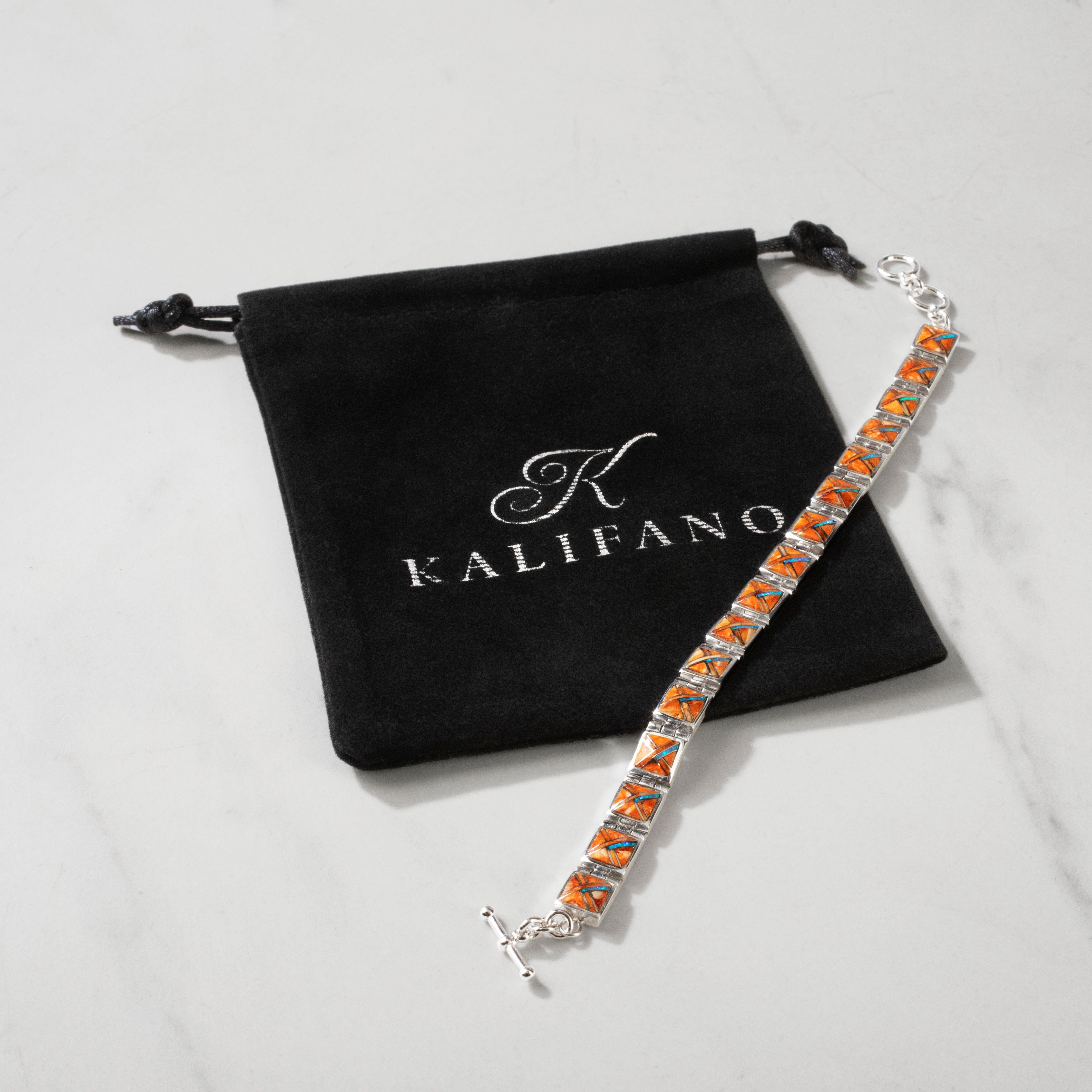 Kalifano Southwest Silver Jewelry Spiny Oyster Square 925 Sterling Silver USA Handmade Bracelet NMB.0245.SP