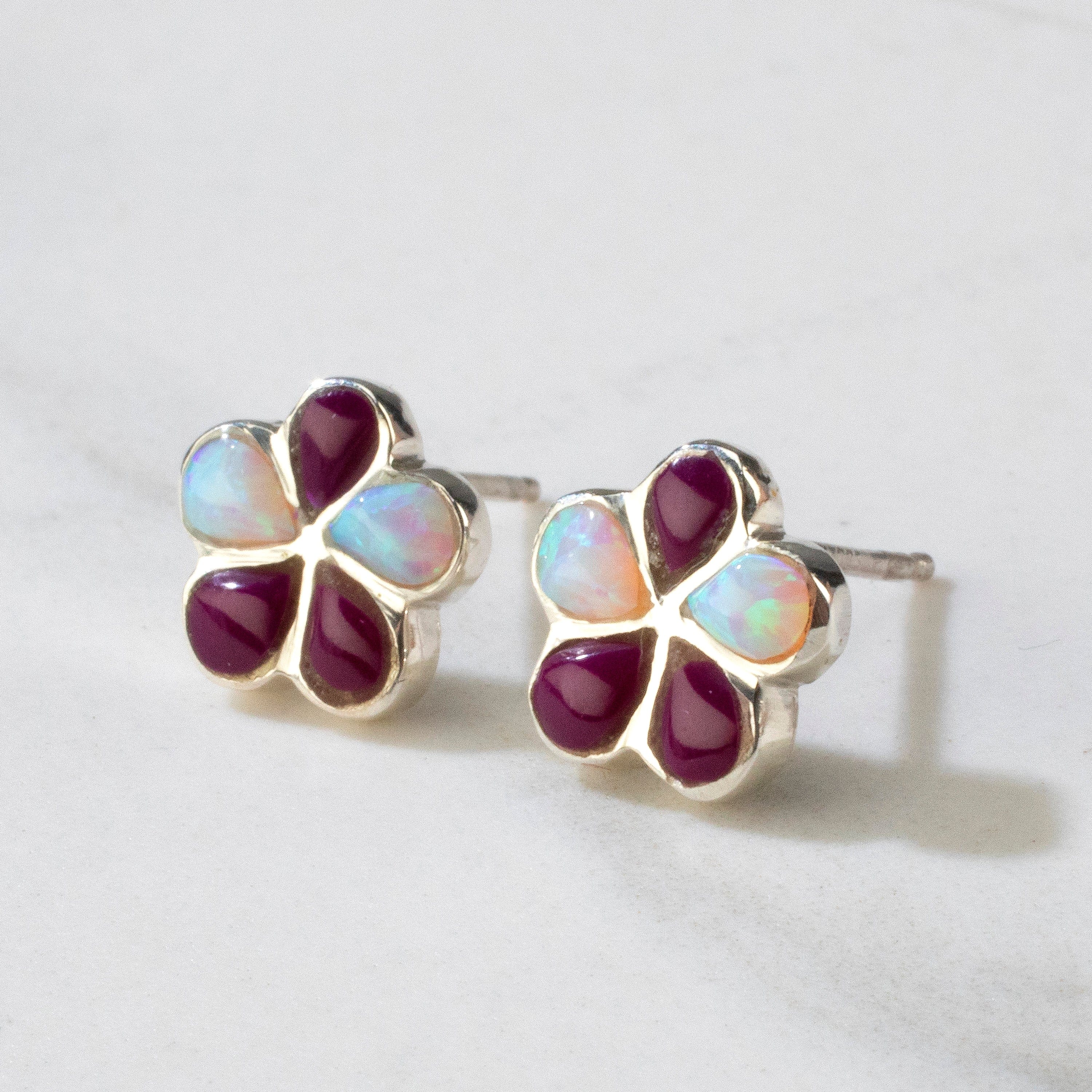 Kalifano Southwest Silver Jewelry Sugilite & Opal Accent Flower USA Handmade 925 Sterling Silver Earring with Stud Backing NME.2239.SG