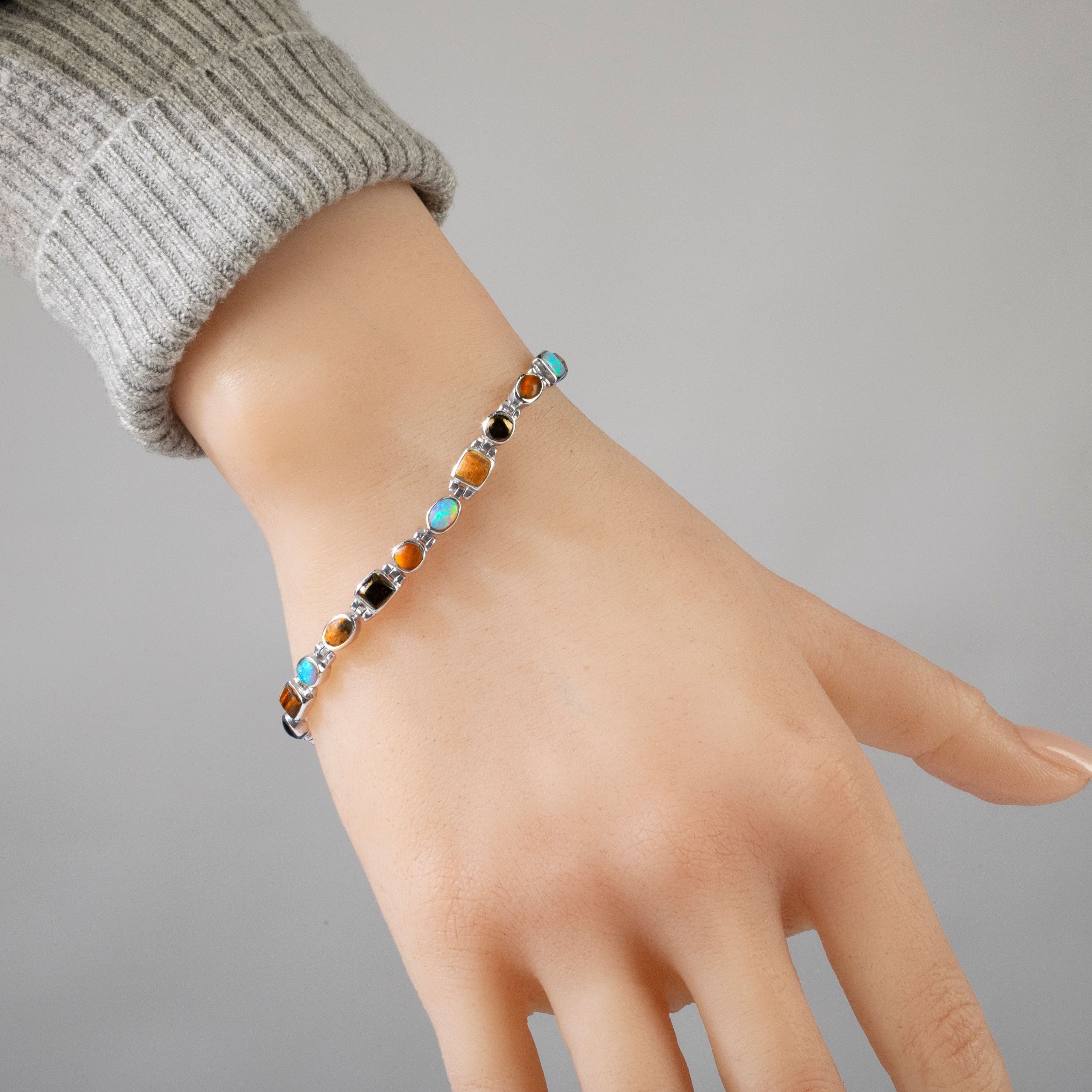 Kalifano Southwest Silver Jewelry Tiger Eye 925 Sterling Silver Bracelet USA Handmade with Opal Accent NMB.0548.TE