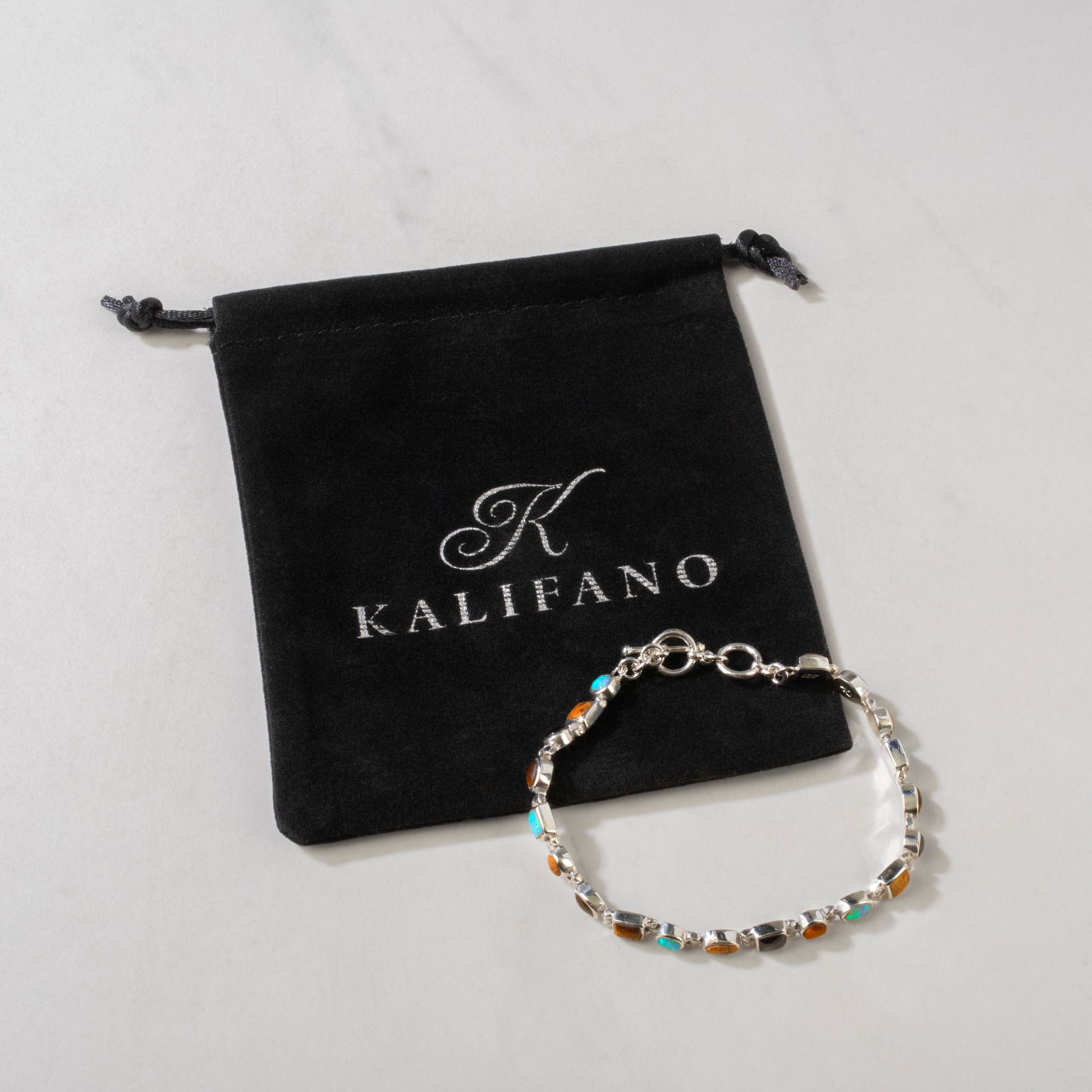 Kalifano Southwest Silver Jewelry Tiger Eye 925 Sterling Silver Bracelet USA Handmade with Opal Accent NMB.0548.TE