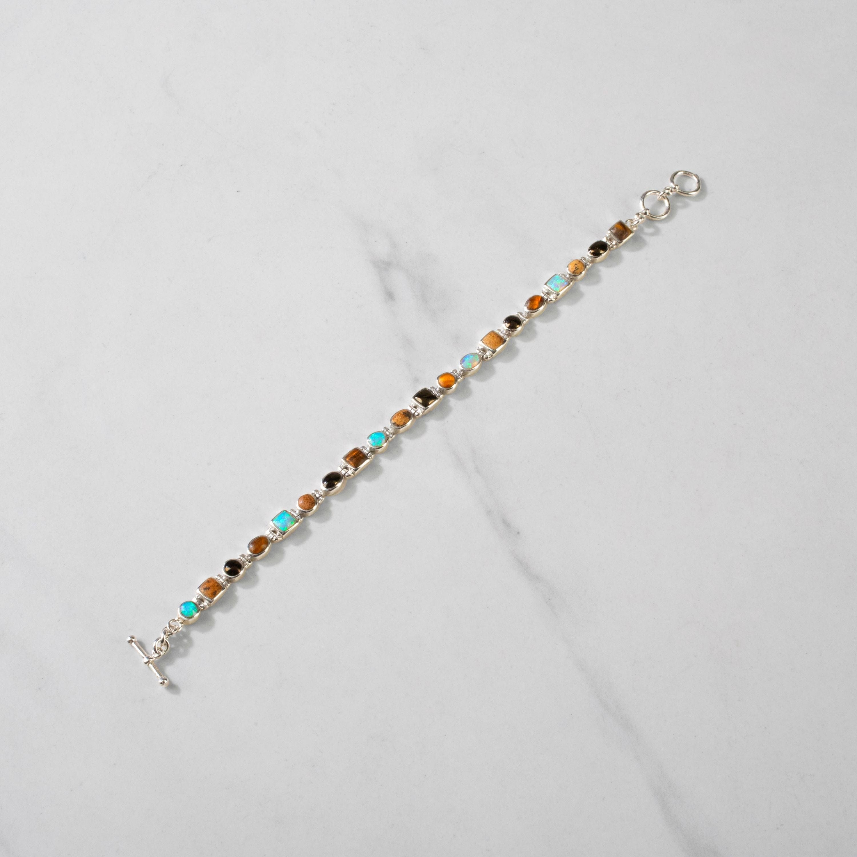 Kalifano Southwest Silver Jewelry Tiger Eye 925 Sterling Silver Bracelet USA Handmade with Opal Accent NMB.0548.TE