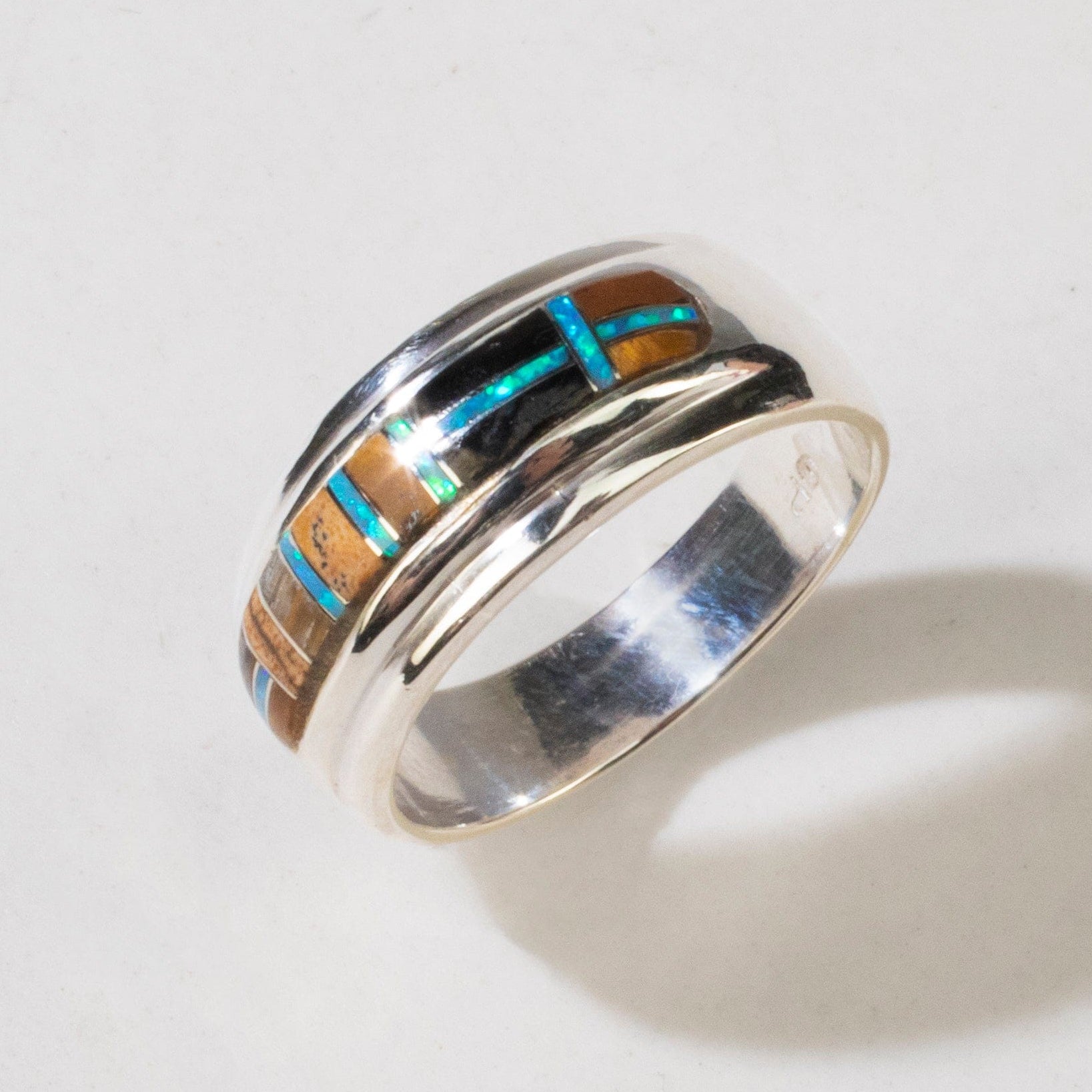 Kalifano Southwest Silver Jewelry Tiger Eye 925 Sterling Silver Ring USA Handmade with Laboratory Opal Accent