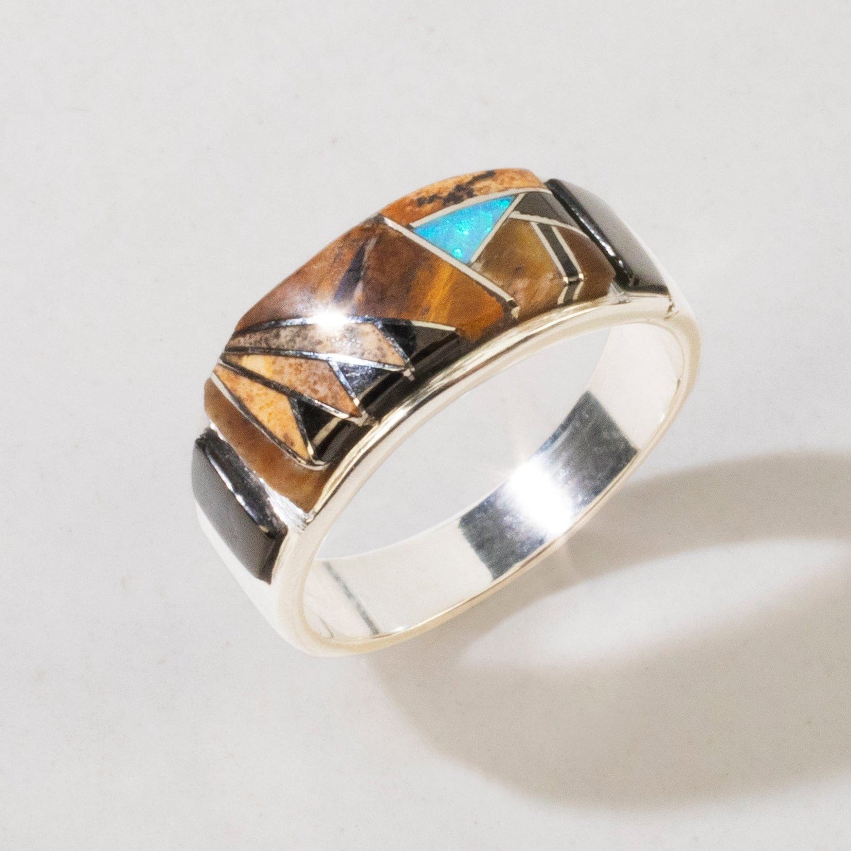 Kalifano Southwest Silver Jewelry Tiger Eye 925 Sterling Silver Ring USA Handmade with Laboratory Opal Accent