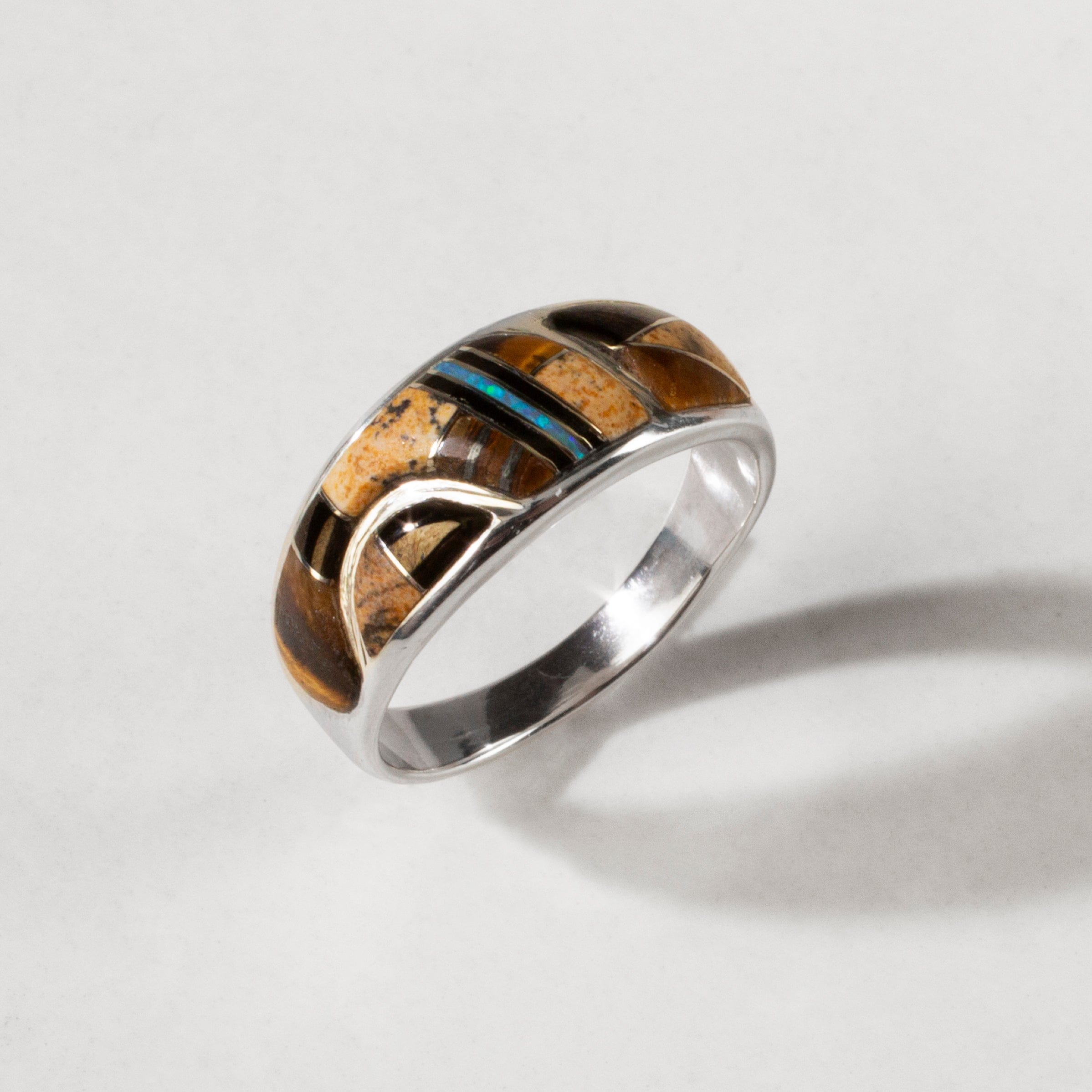 Kalifano Southwest Silver Jewelry Tiger Eye 925 Sterling Silver Ring USA Handmade with Labratory Opal Accent