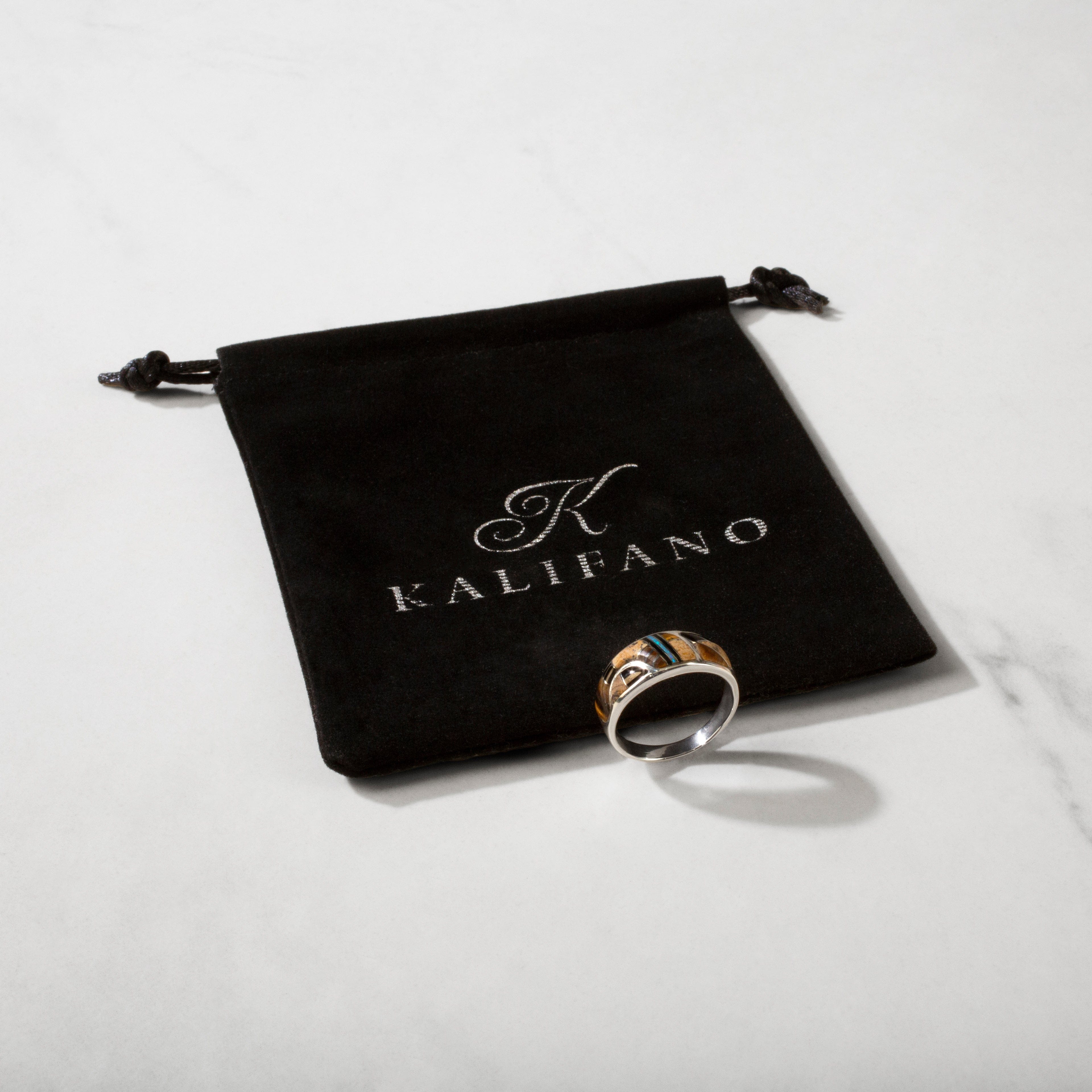 Kalifano Southwest Silver Jewelry Tiger Eye 925 Sterling Silver Ring USA Handmade with Labratory Opal Accent