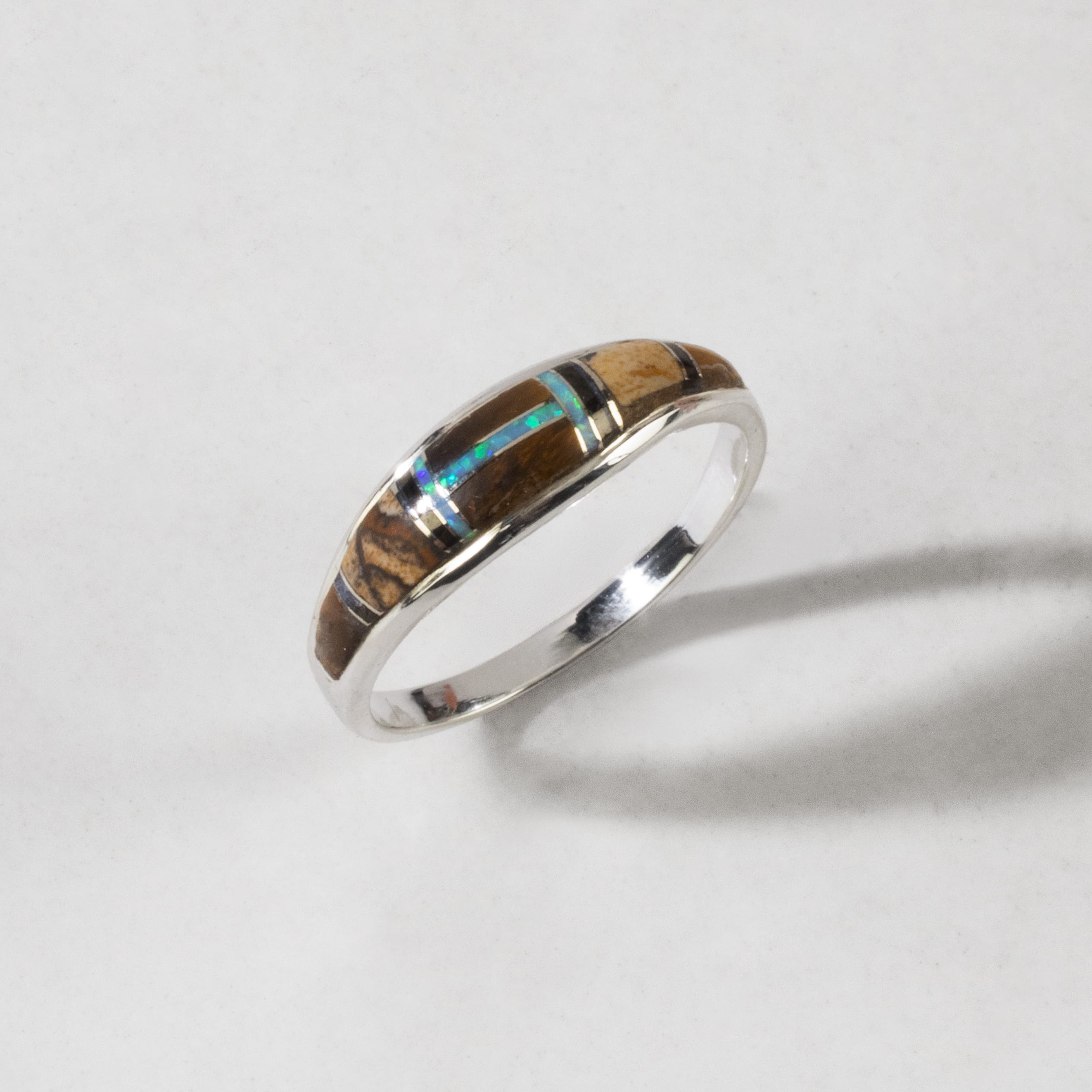 Kalifano Southwest Silver Jewelry Tiger Eye 925 Sterling Silver Ring USA Handmade with Labratory Opal Accent