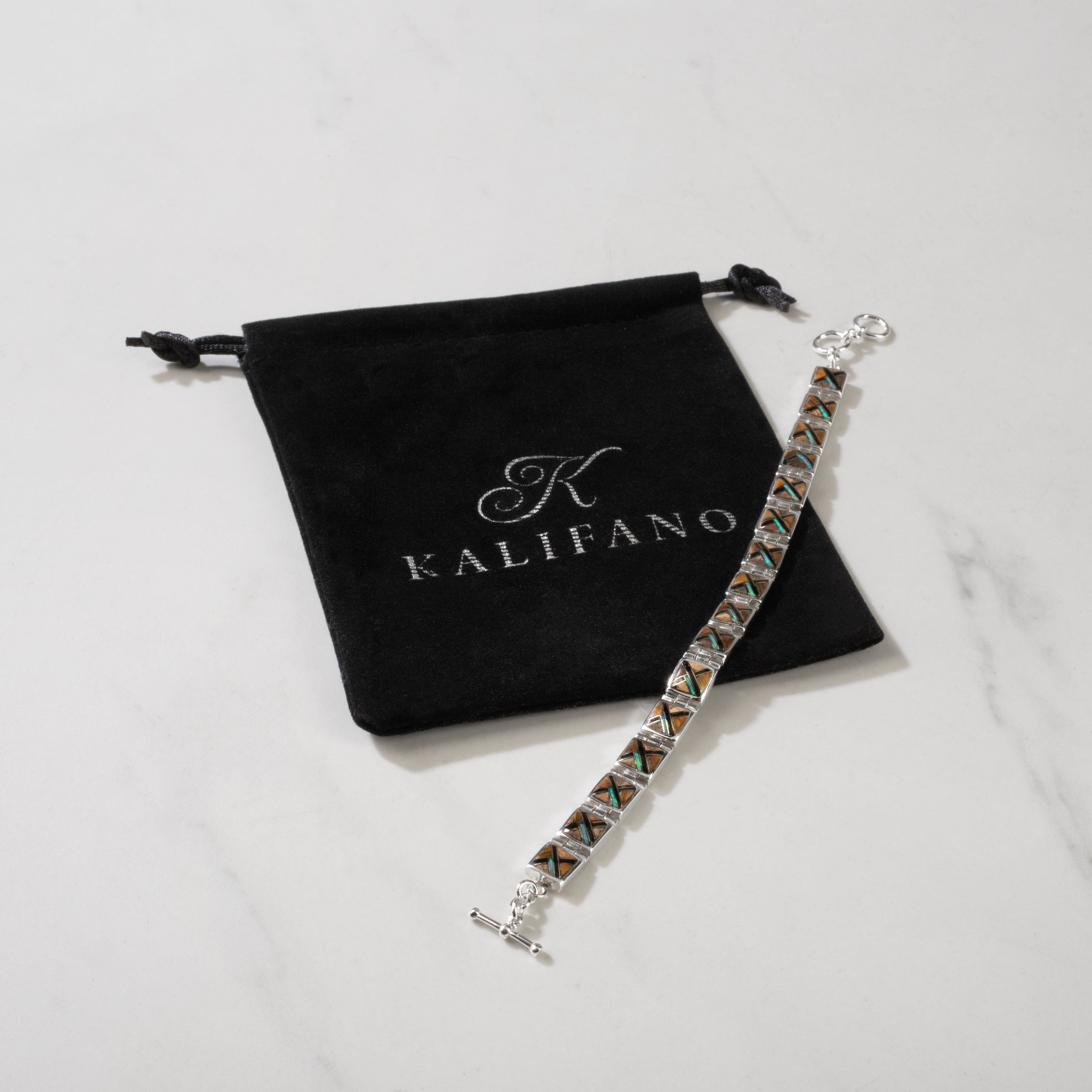 Kalifano Southwest Silver Jewelry Tiger Eye Square 925 Sterling Silver Bracelet USA Handmade with Opal Accent NMB.0245.TE