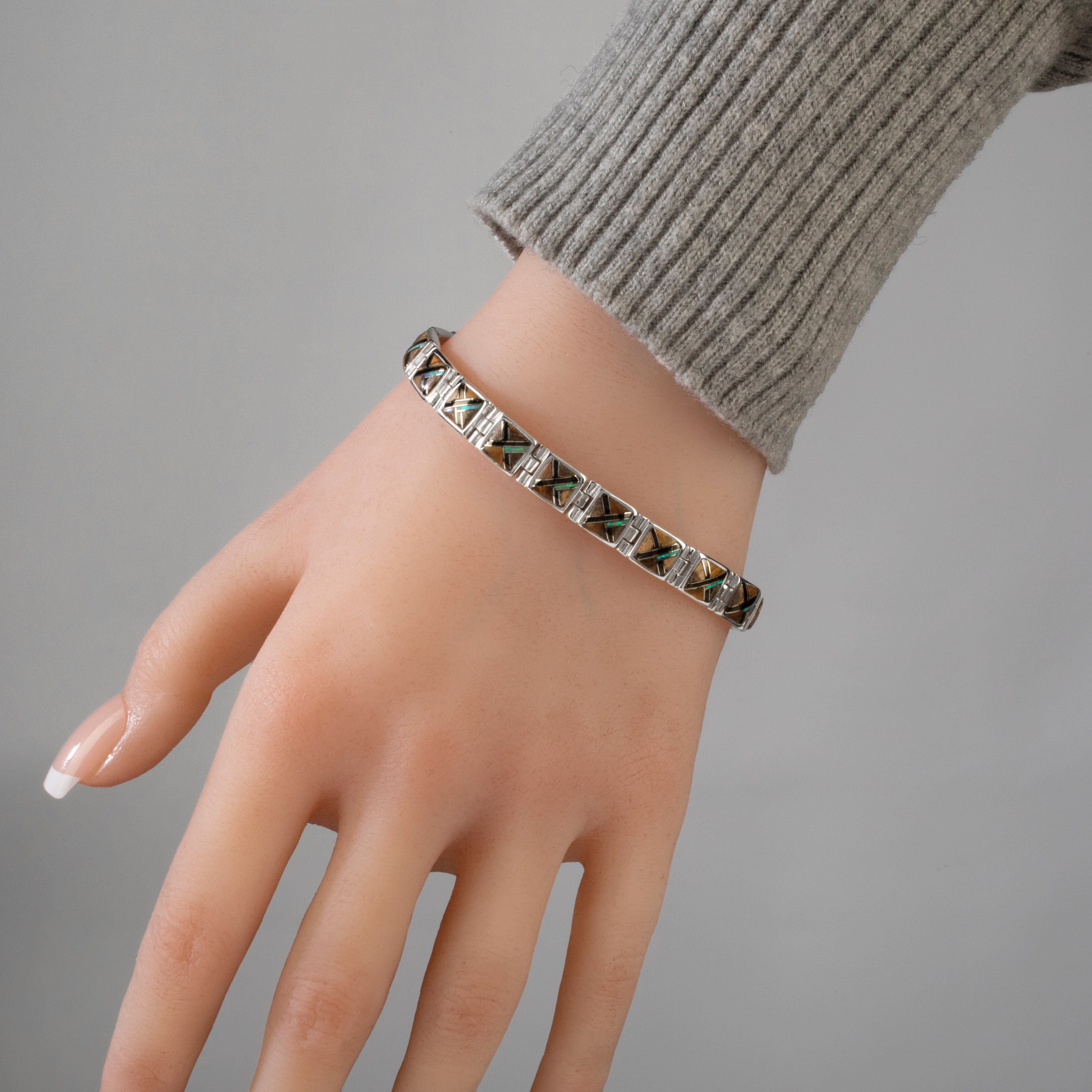 Kalifano Southwest Silver Jewelry Tiger Eye Square 925 Sterling Silver Bracelet USA Handmade with Opal Accent NMB.0245.TE