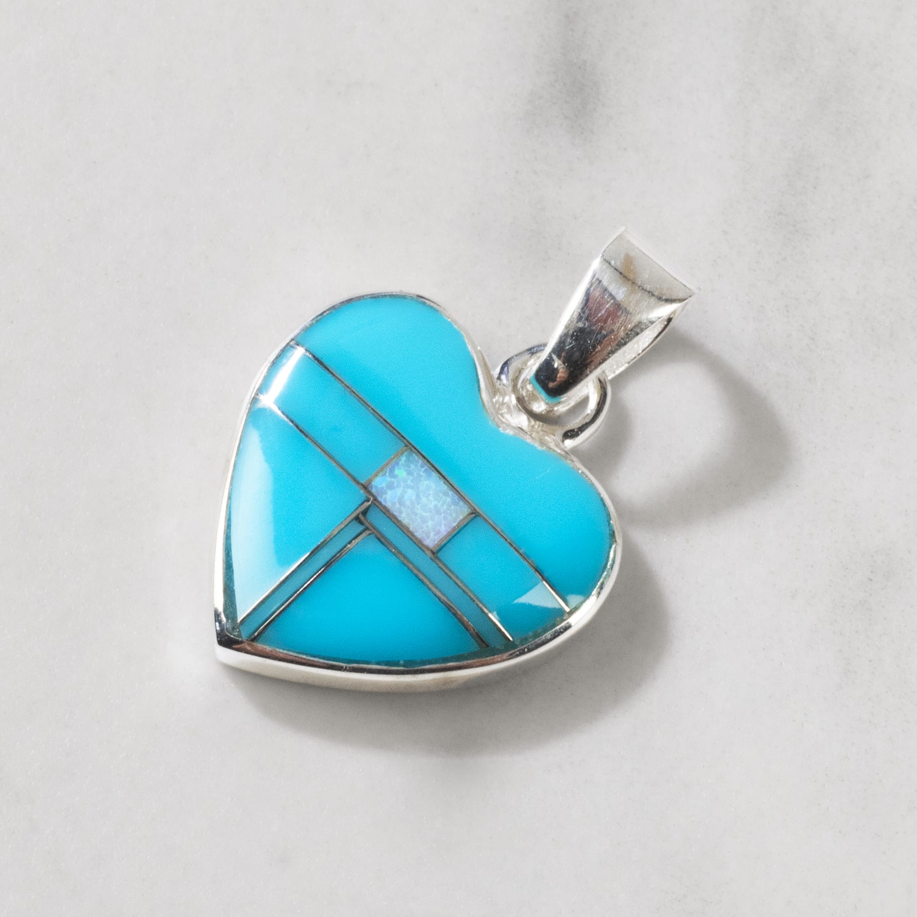 Kalifano Southwest Silver Jewelry Turquiose Heart 925 Sterling Silver Pendant USA Handmade with Aqua Opal Accent NMN.2240.TQ