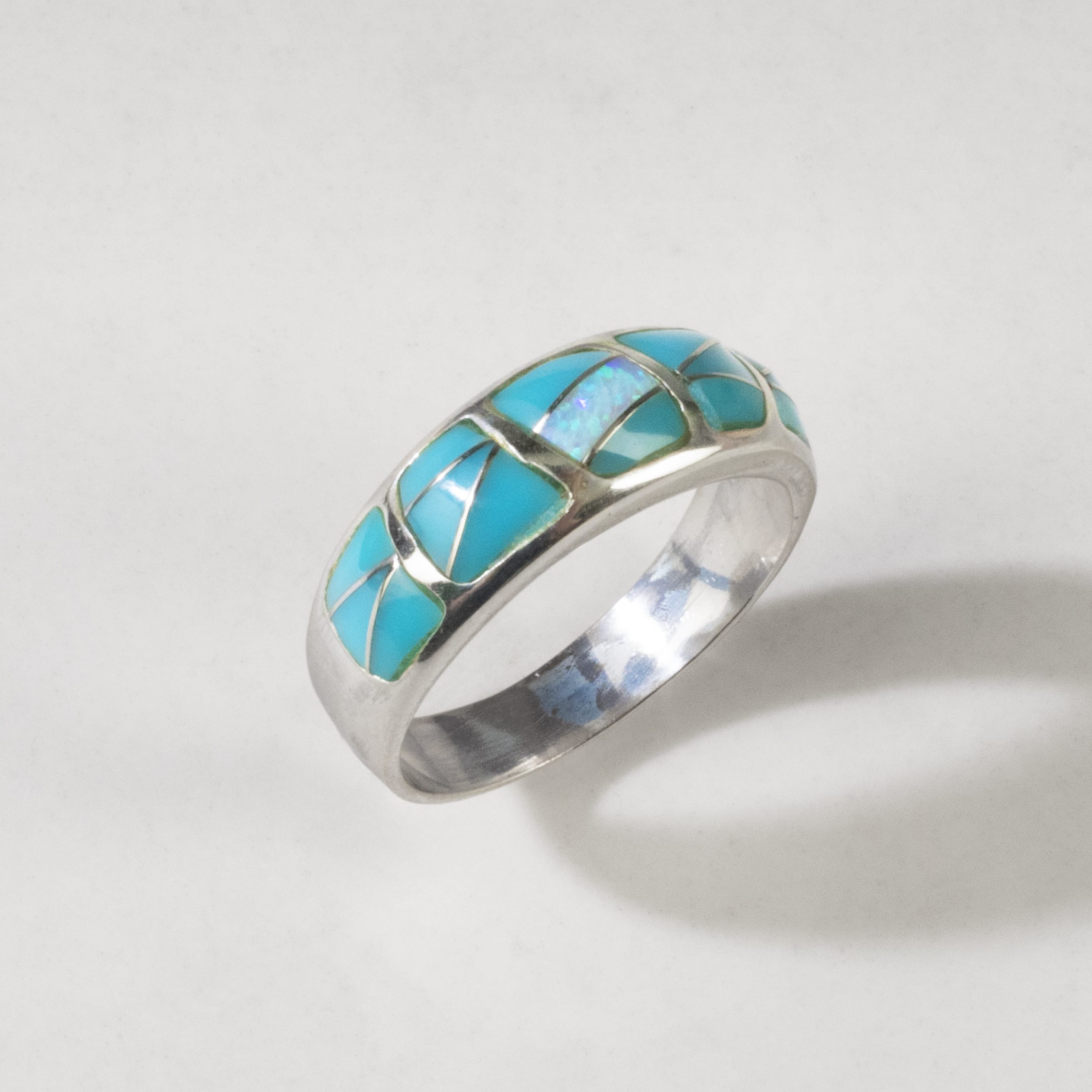 Kalifano Southwest Silver Jewelry Turquoise 925 Sterling Silver Ring Handmade with Laboratory Opal Accent
