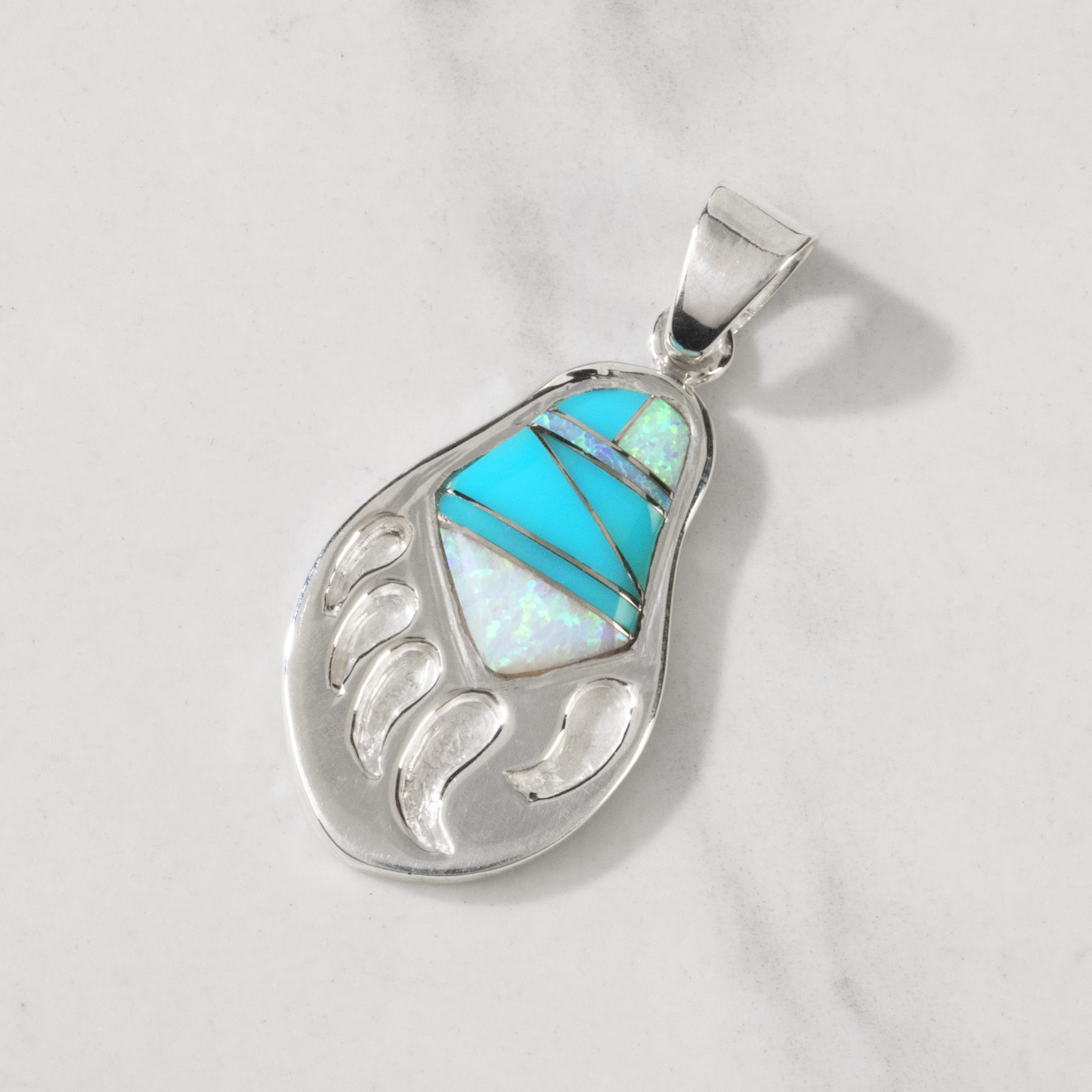 Kalifano Southwest Silver Jewelry Turquoise Bear Claw 925 Sterling Silver Pendant USA Handmade with Aqua Opal Accent NMN.2318.TQ