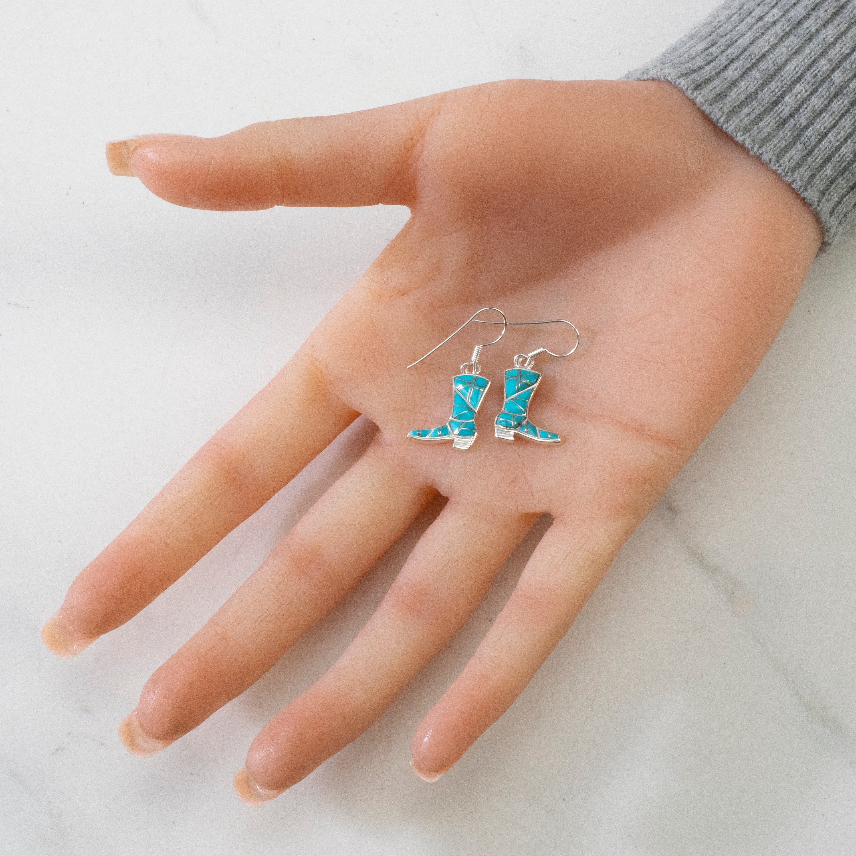 Kalifano Southwest Silver Jewelry Turquoise Boot 925 Sterling Silver Earring with French Hook USA Handmade with Aqua Opal Accent NME.2297.TQ