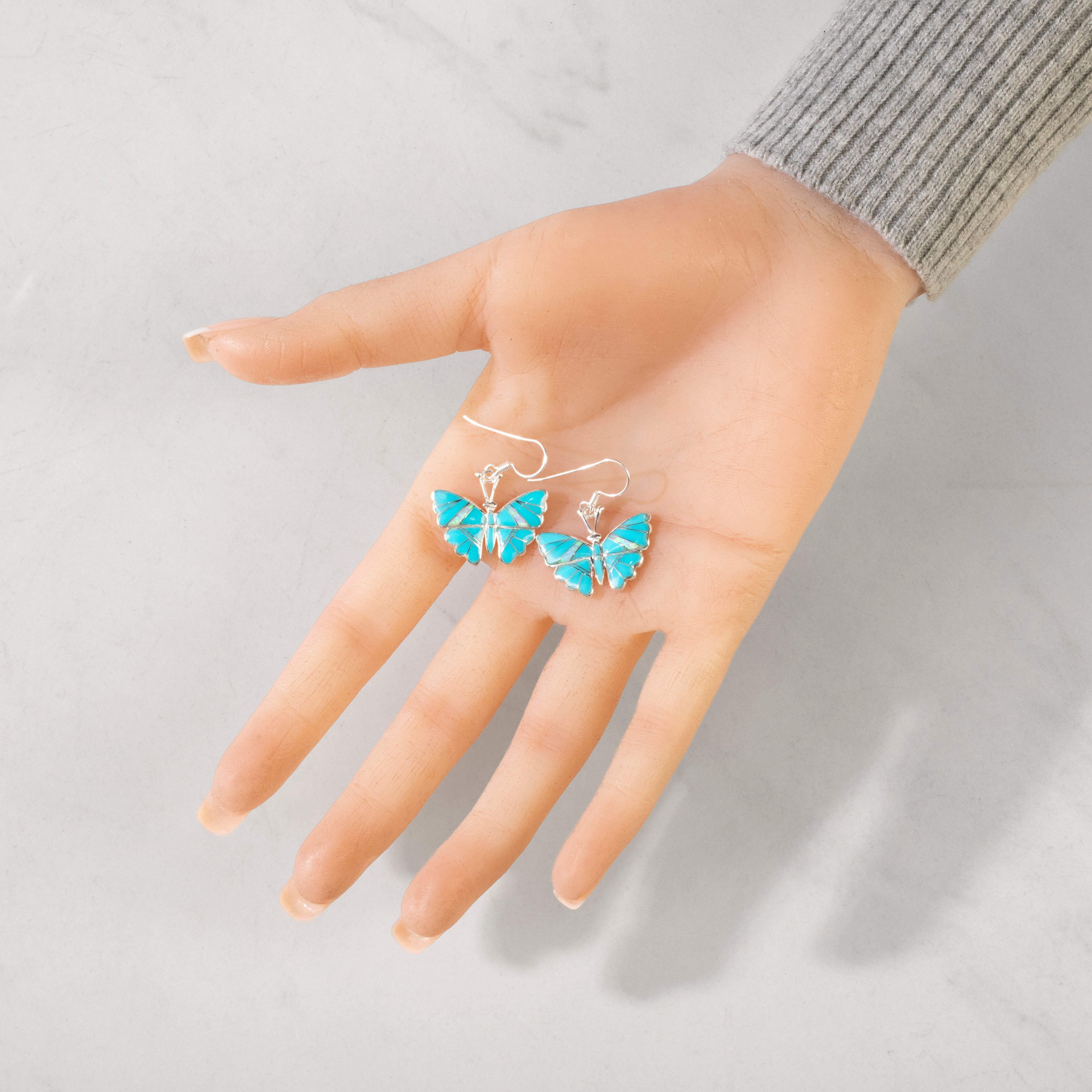 Kalifano Southwest Silver Jewelry Turquoise Butterfly 925 Sterling Silver USA Handmade Earrings with French Hook NME.2336.TQ