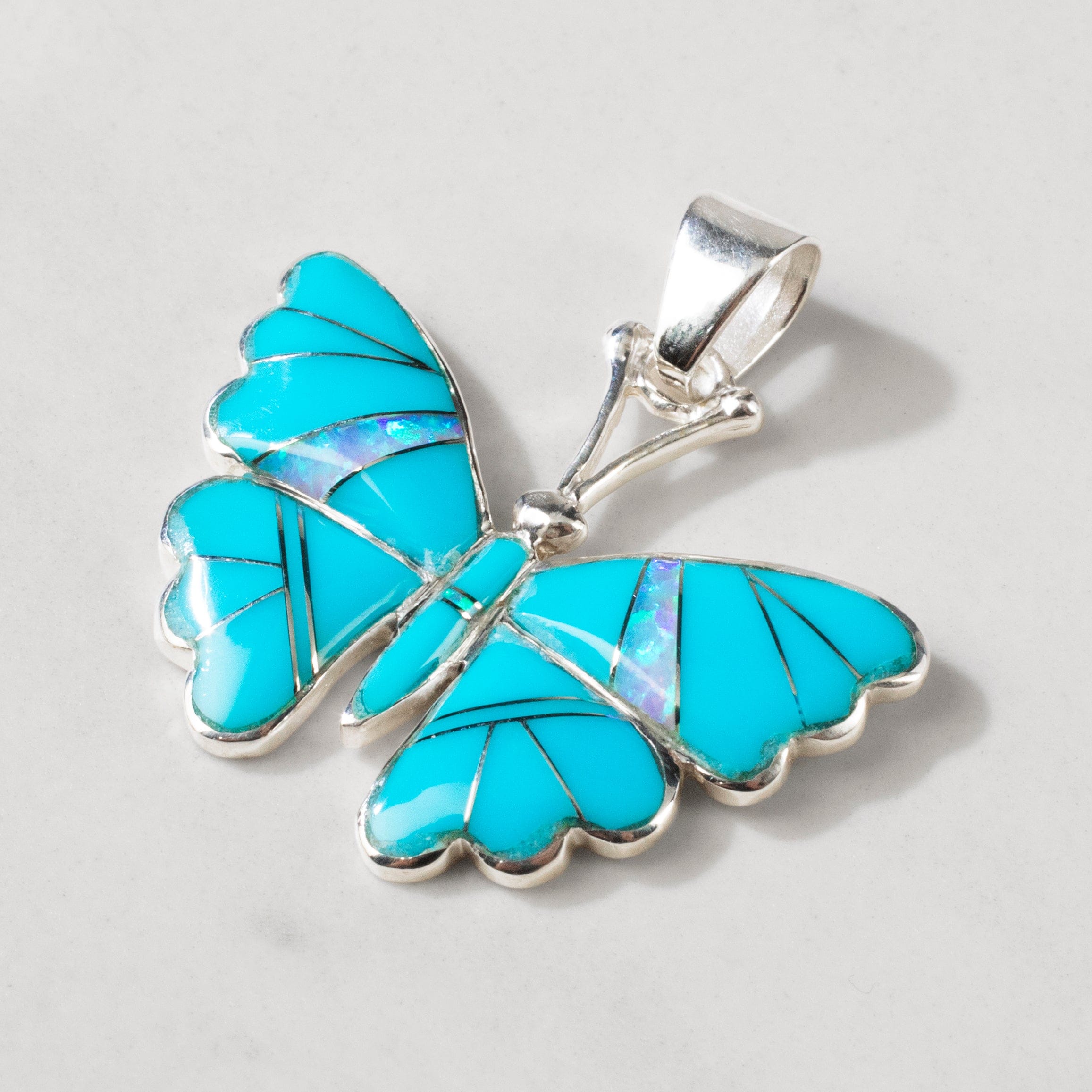 Kalifano Southwest Silver Jewelry Turquoise Butterfly 925 Sterling Silver USA Handmade Pendant with Opal Accent NMN.2336.TQ