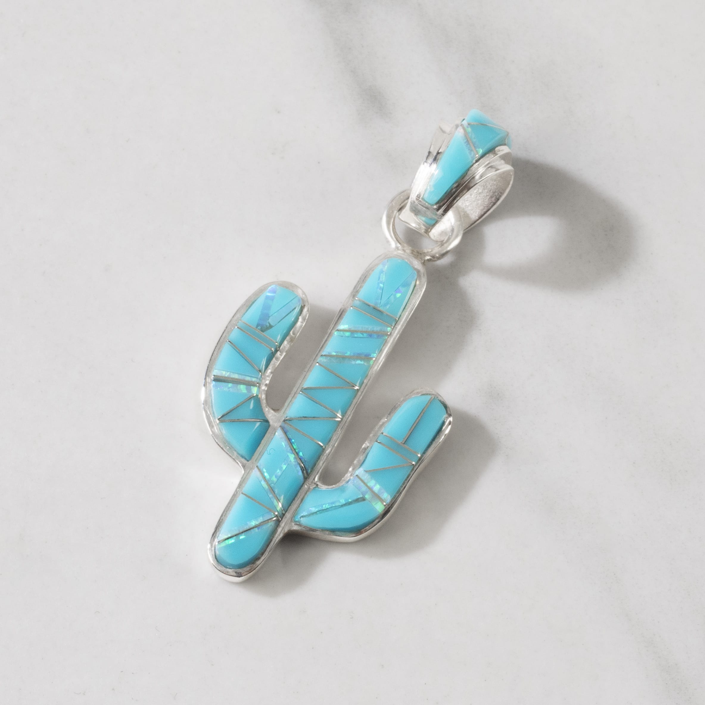 Kalifano Southwest Silver Jewelry Turquoise Cactus 925 Sterling Silver Pendant USA Handmade with Aqua Opal Accent NMN.0602.TQ