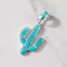 Turquoise Cactus 925 Sterling Silver Pendant USA Handmade with Aqua Opal Accent