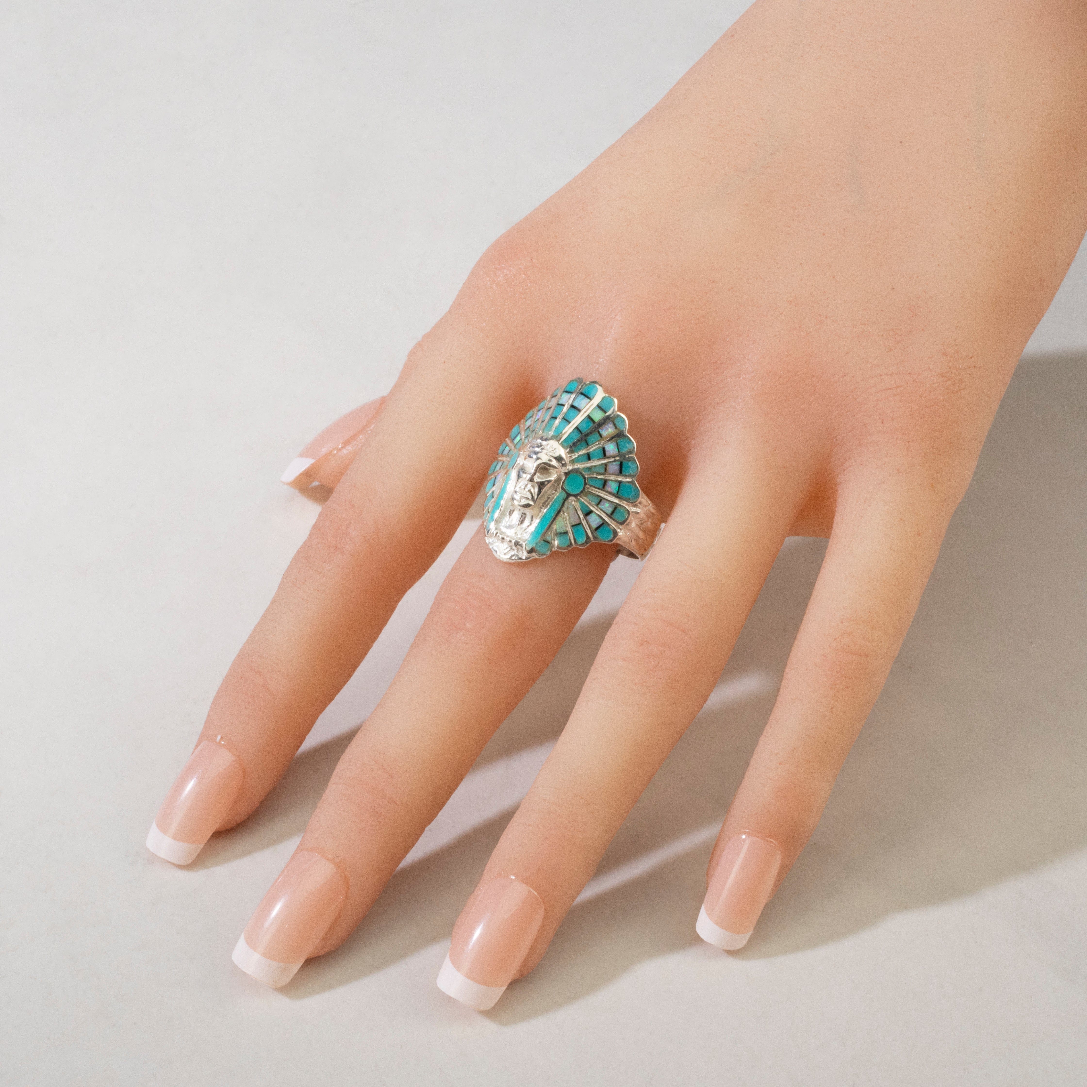 Kalifano Southwest Silver Jewelry Turquoise Chief Head 925 Sterling Silver Ring USA Handmade with Laboratory Opal Accent