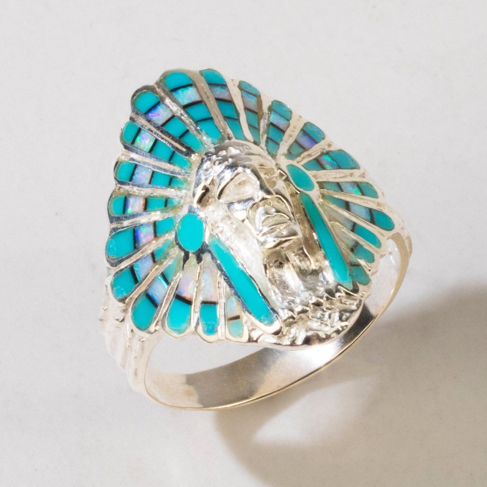 Kalifano Southwest Silver Jewelry Turquoise Chief Head 925 Sterling Silver Ring USA Handmade with Laboratory Opal Accent