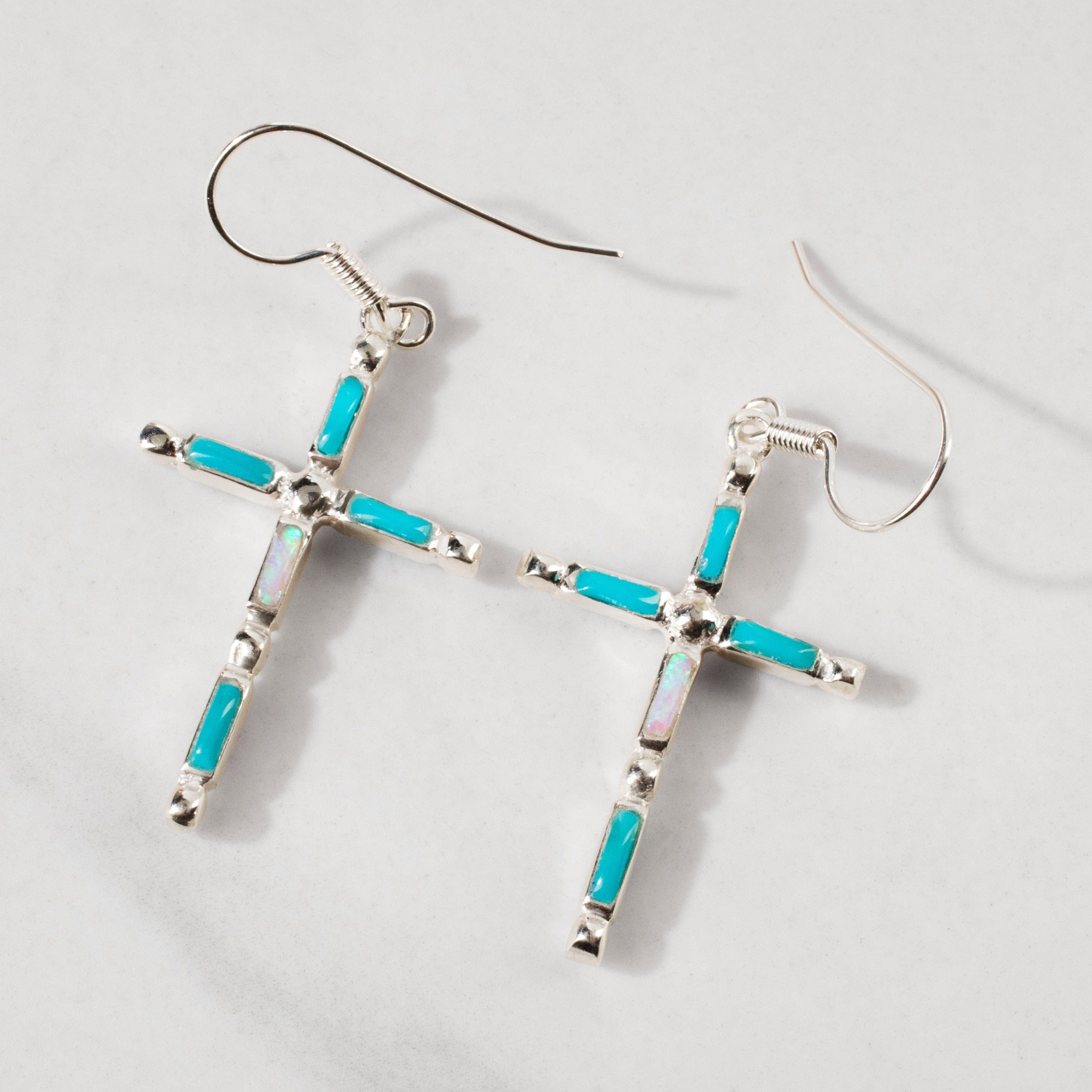 Kalifano Southwest Silver Jewelry Turquoise Cross 925 Sterling Silver USA Handmade Earring with French Hook NME.2128.TQ