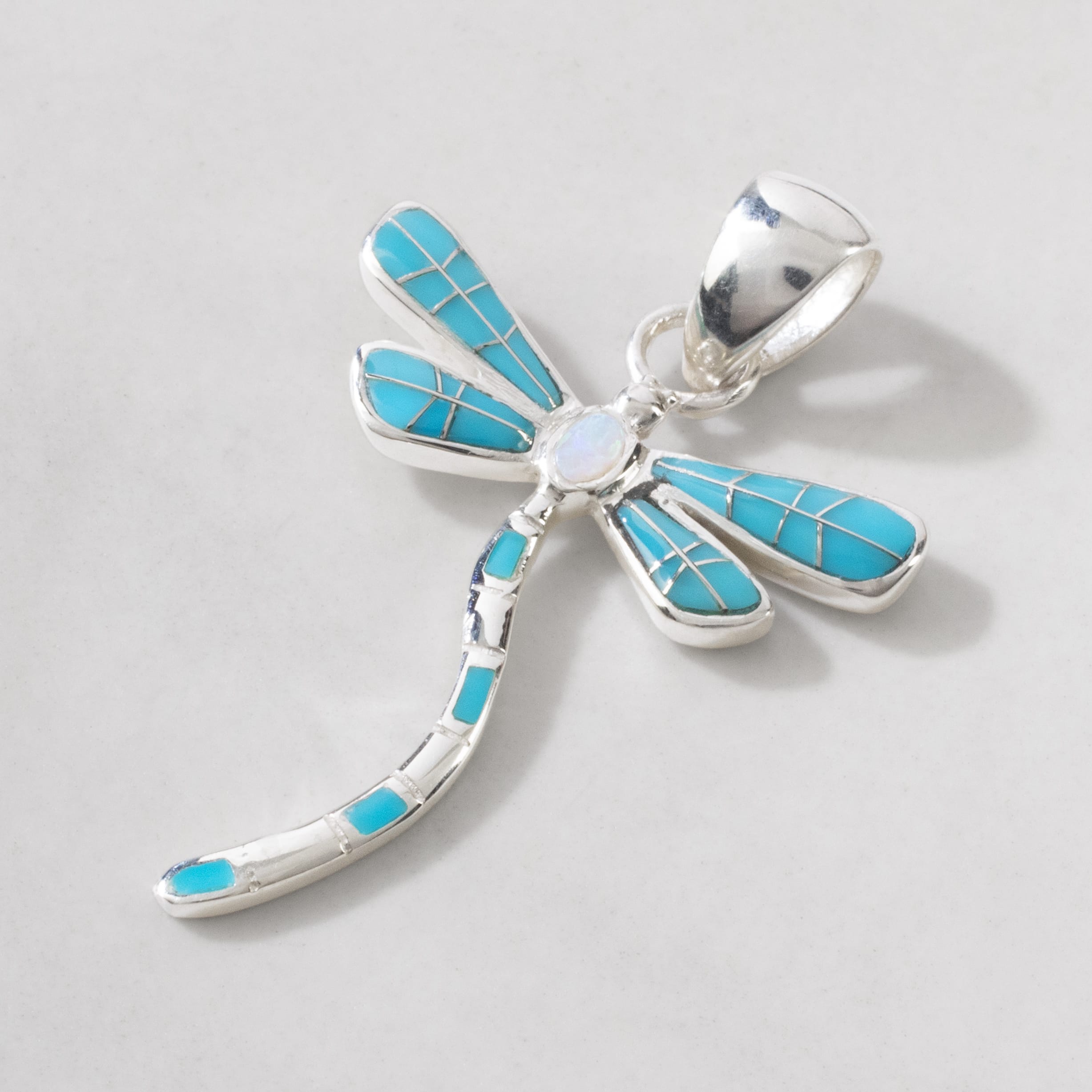Kalifano Southwest Silver Jewelry Turquoise Dragonfly 925 Sterling Silver Pendant USA Handmade with Aqua Opal Accent NMN.0893.TQ