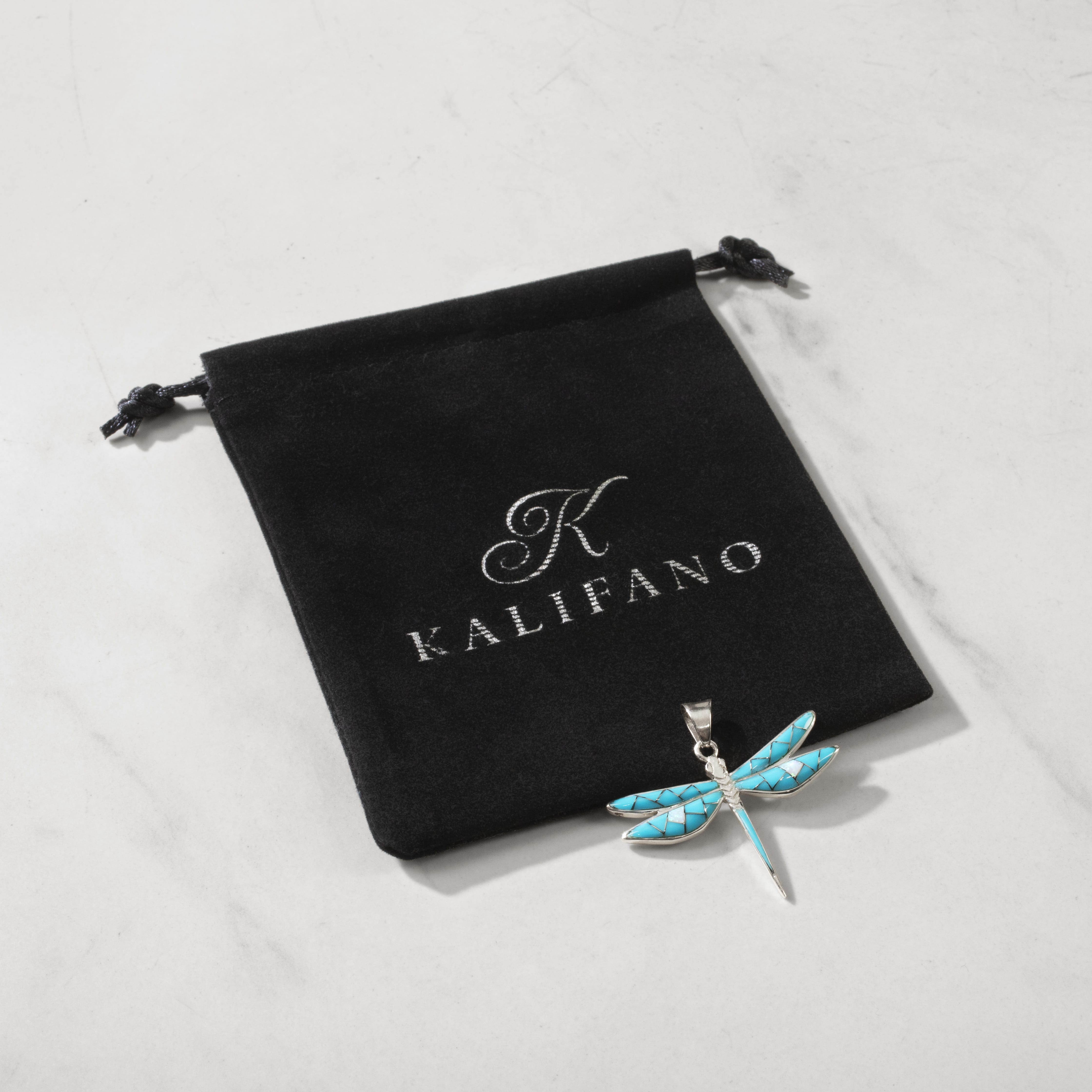 Kalifano Southwest Silver Jewelry Turquoise Dragonfly 925 Sterling Silver Pendant USA Handmade with Opal Accent NMN.2296S.TQ
