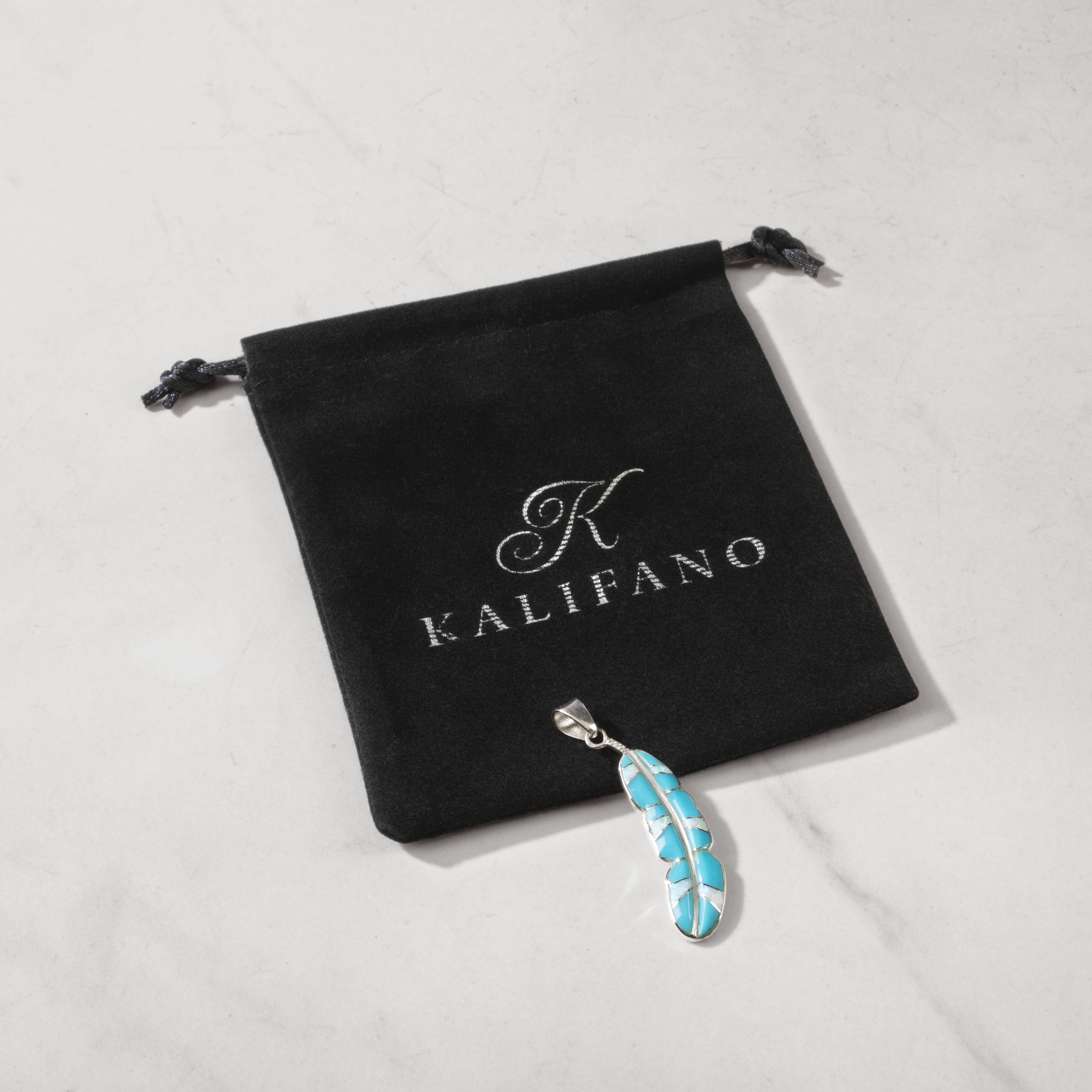 Kalifano Southwest Silver Jewelry Turquoise Feather 925 Sterling Silver Pendant USA Handmade with Opal Accent NMN.2312.TQ