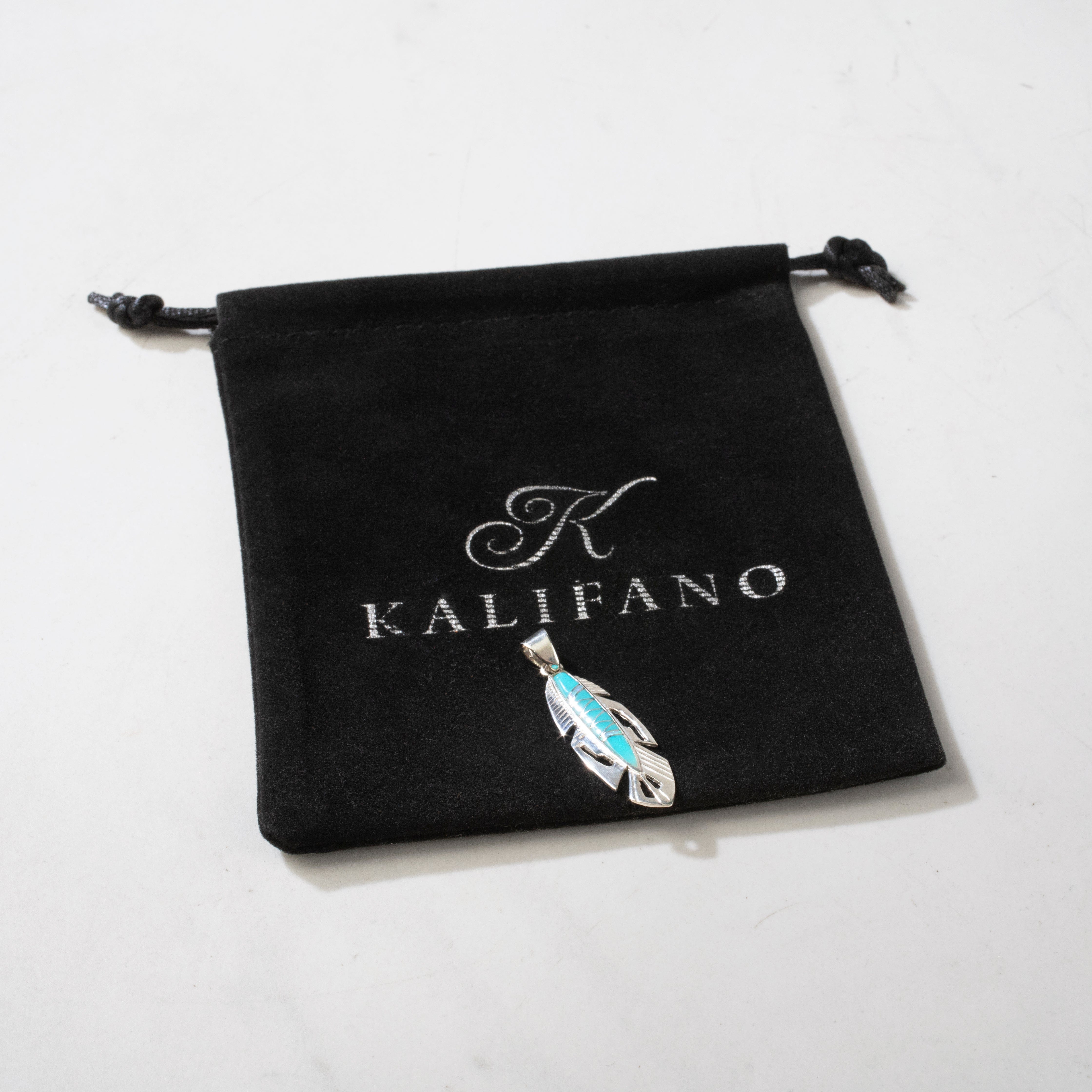 Kalifano Southwest Silver Jewelry Turquoise Feather 925 Sterling Silver USA Handmade Pendant with Opal Accent NMN.2113.TQ