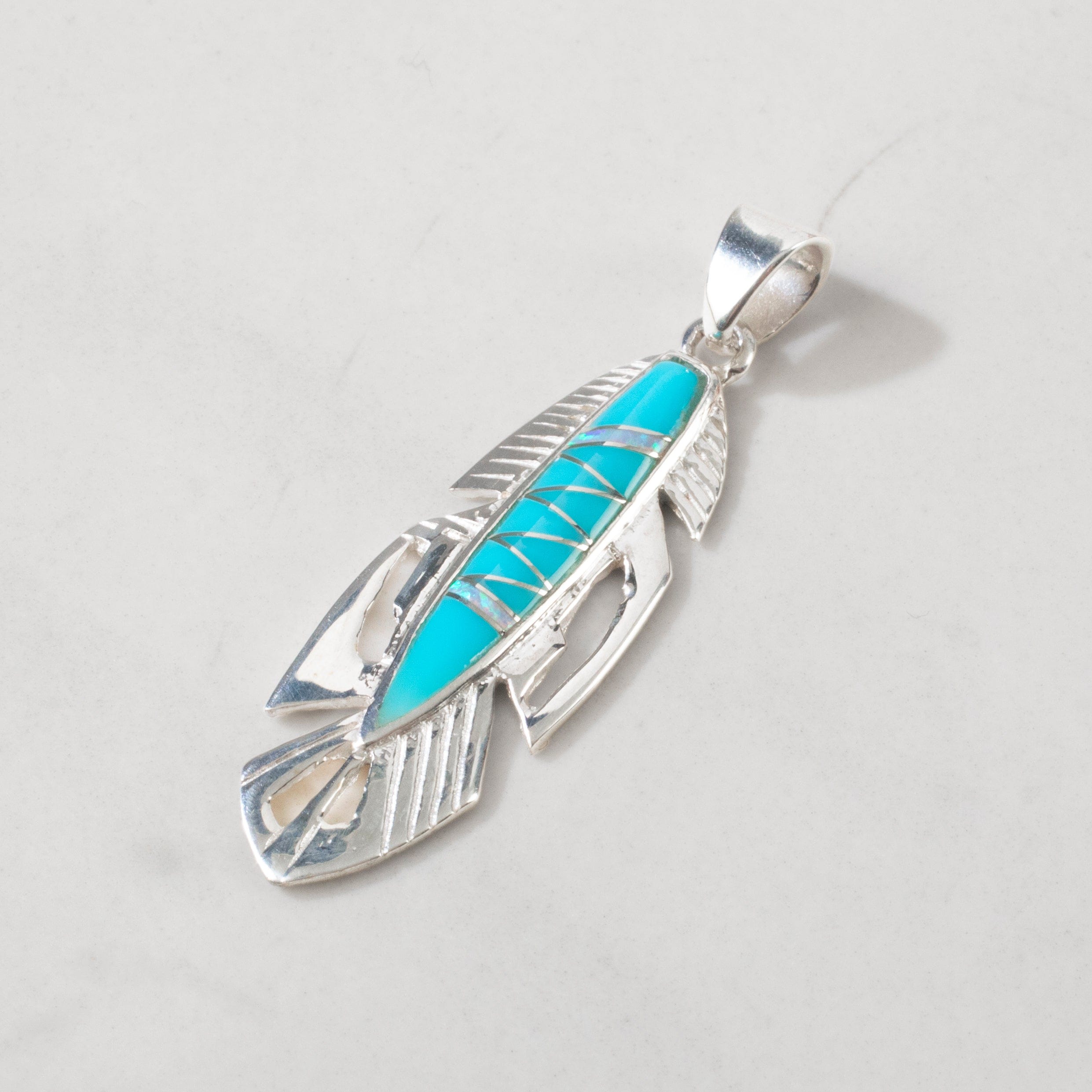 Kalifano Southwest Silver Jewelry Turquoise Feather 925 Sterling Silver USA Handmade Pendant with Opal Accent NMN.2113.TQ