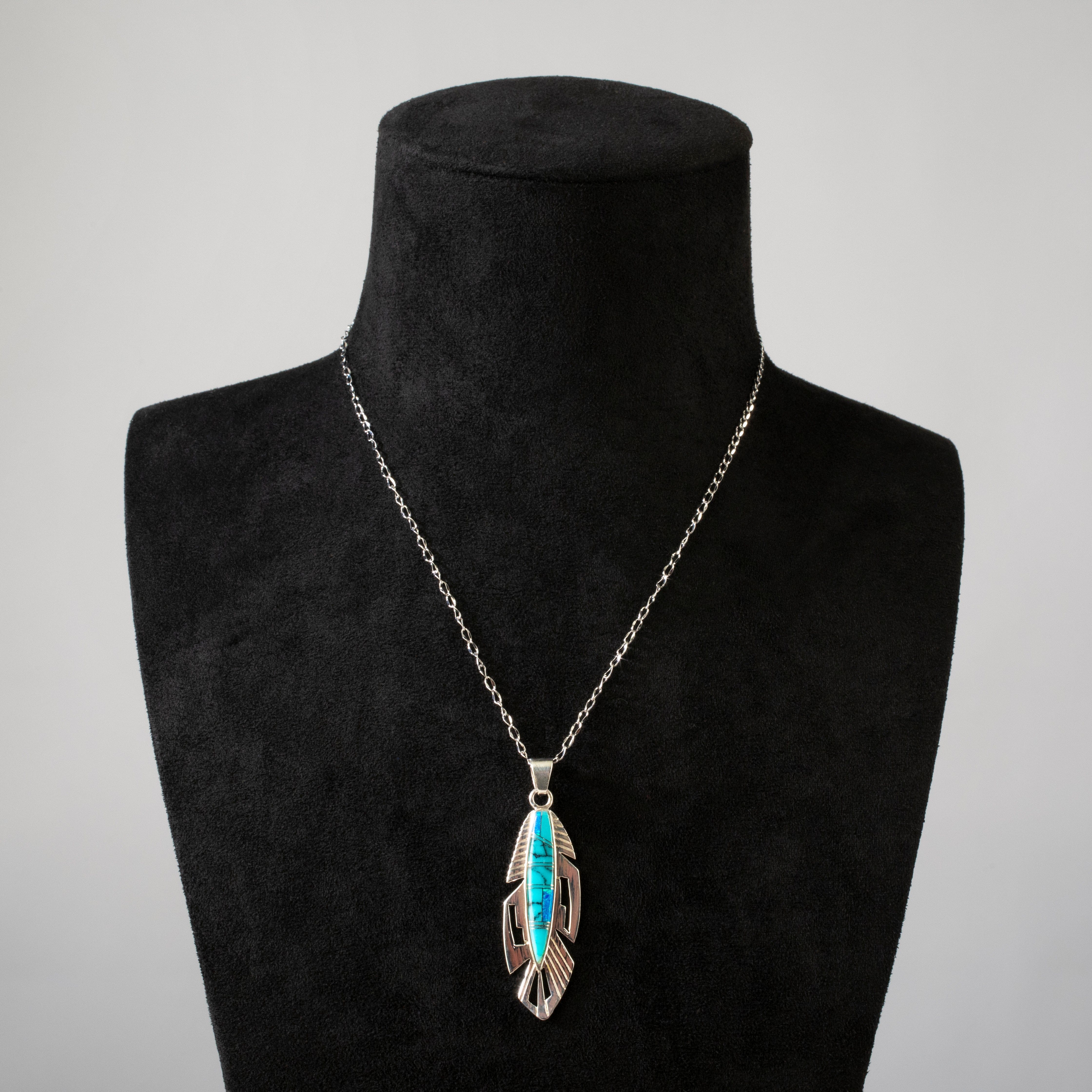 Kalifano Southwest Silver Jewelry Turquoise Feather 925 Sterling Silver USA Handmade Pendant with Opal Accent NMN.2337.TQ