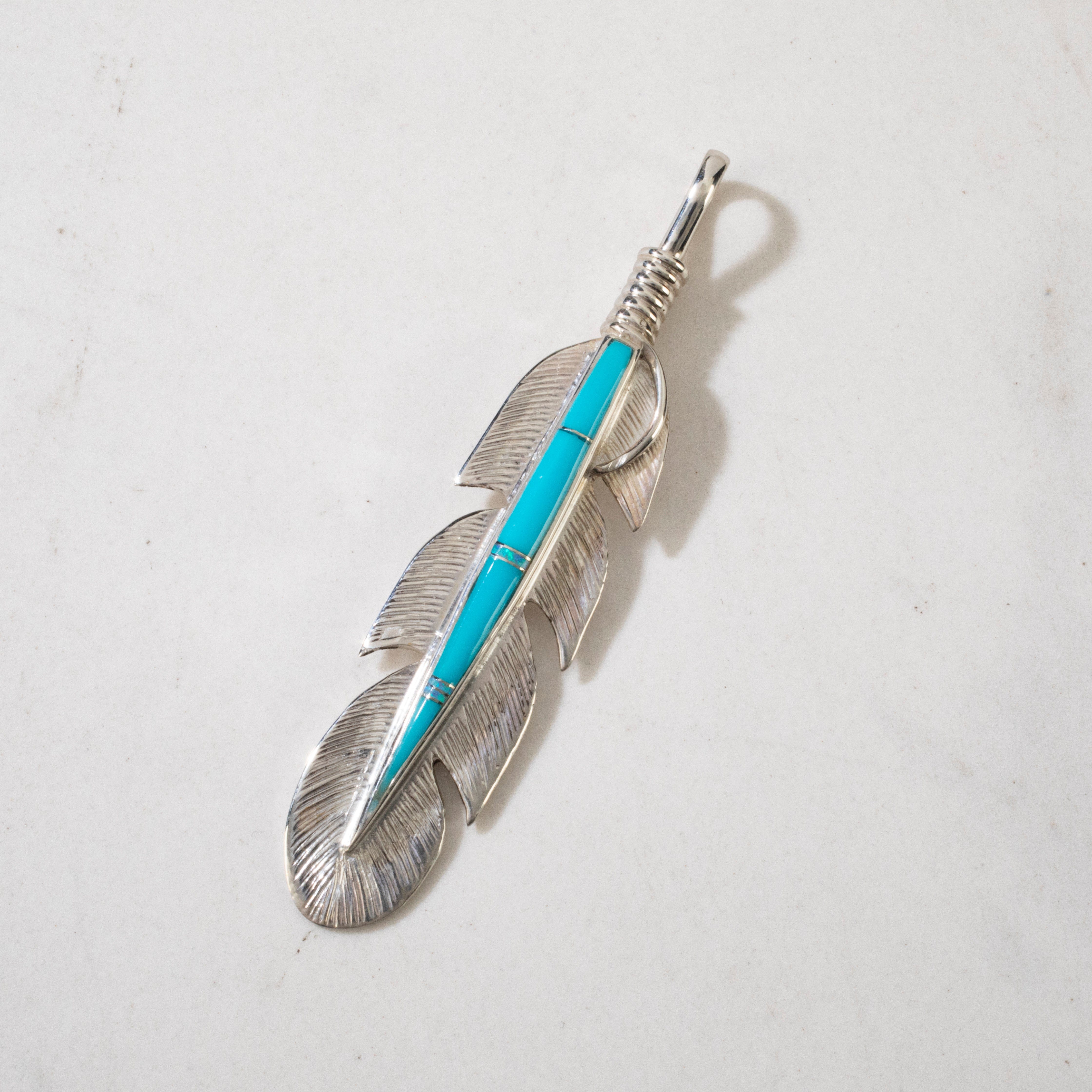 Kalifano Southwest Silver Jewelry Turquoise Feather USA Handmade 925 Sterling Silver Pendant NMN.0741.TQ