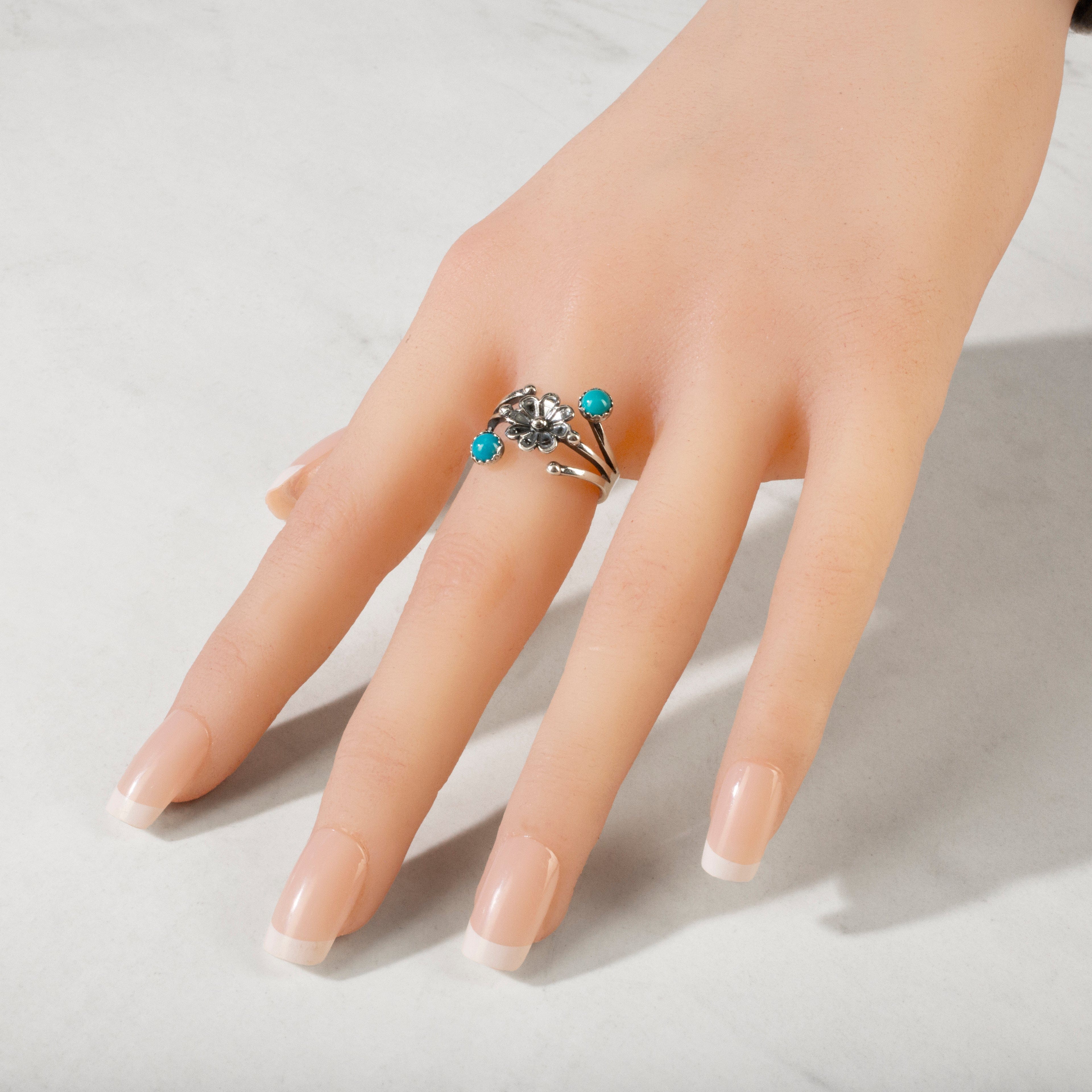 Kalifano Southwest Silver Jewelry Turquoise Flower USA Handmade 925 Sterling Silver Ring
