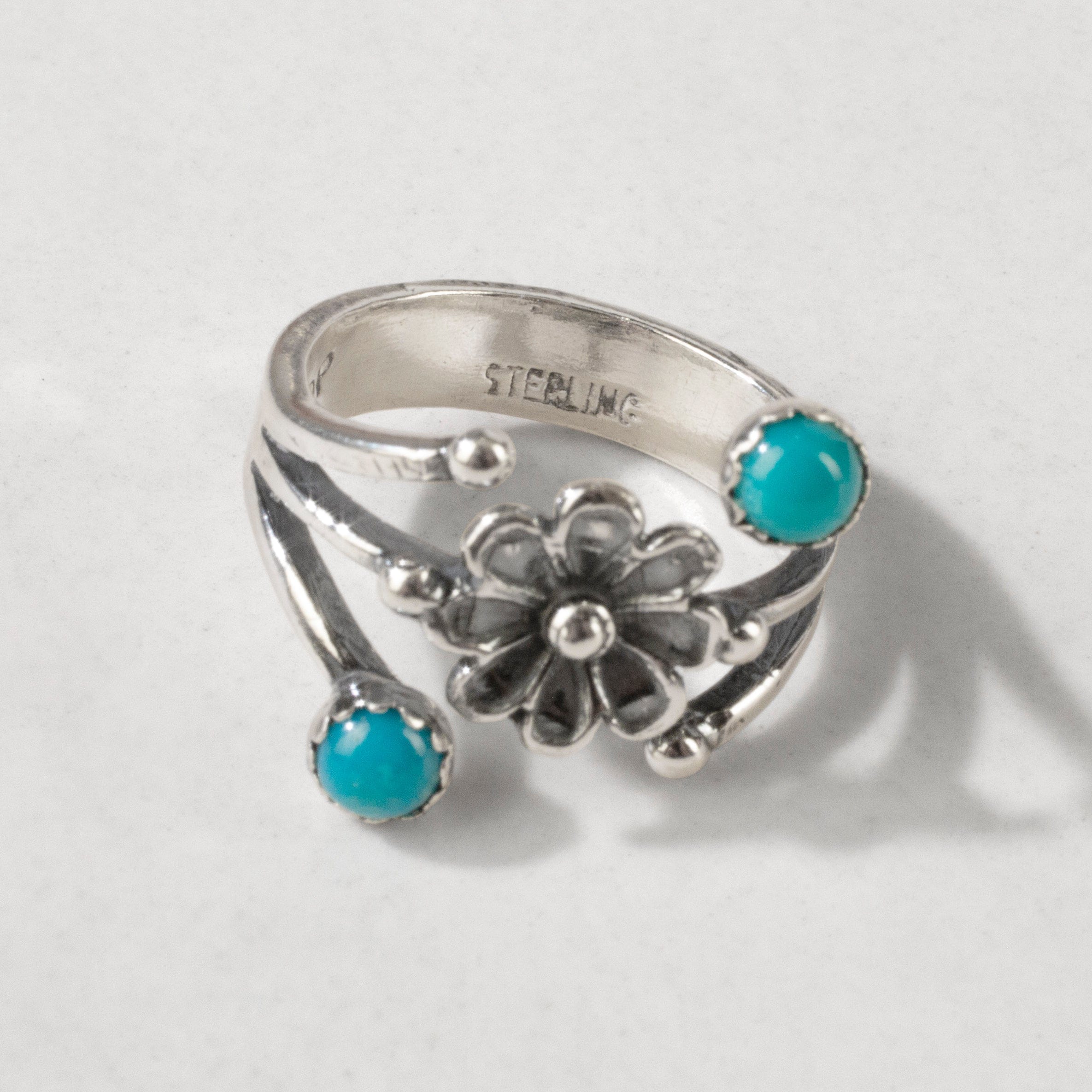 Kalifano Southwest Silver Jewelry Turquoise Flower USA Handmade 925 Sterling Silver Ring