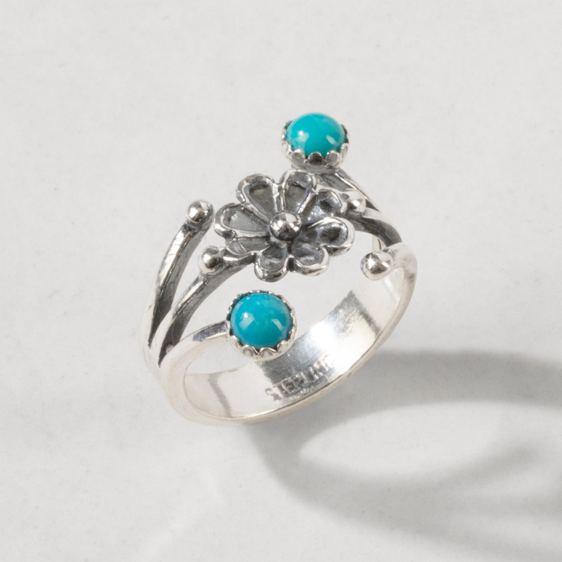 Kalifano Southwest Silver Jewelry Turquoise Flower USA Handmade 925 Sterling Silver Ring