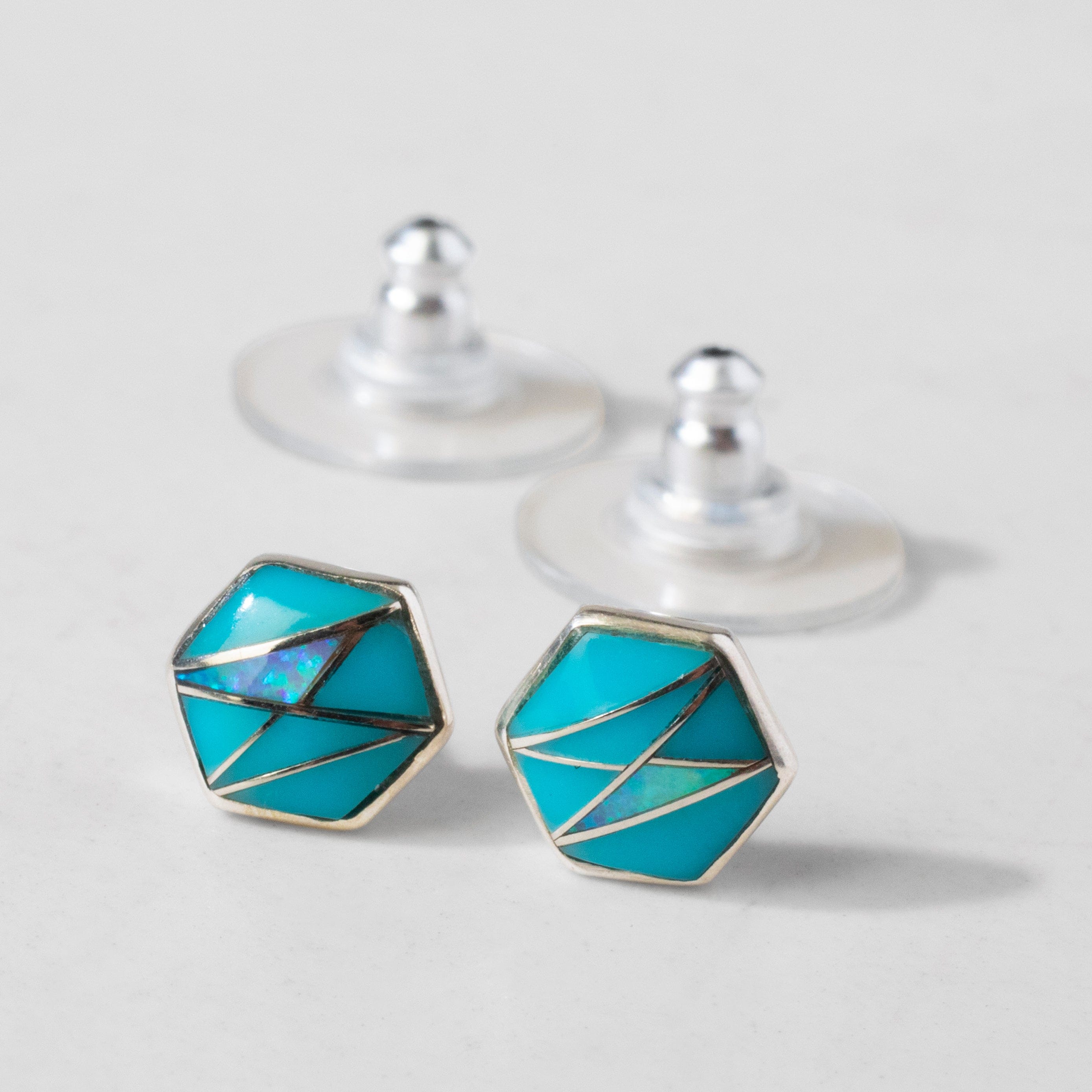 Kalifano Southwest Silver Jewelry Turquoise Hexagon 925 Sterling Silver USA Handmade Earrings with Stud Backing NME.2265.TQ