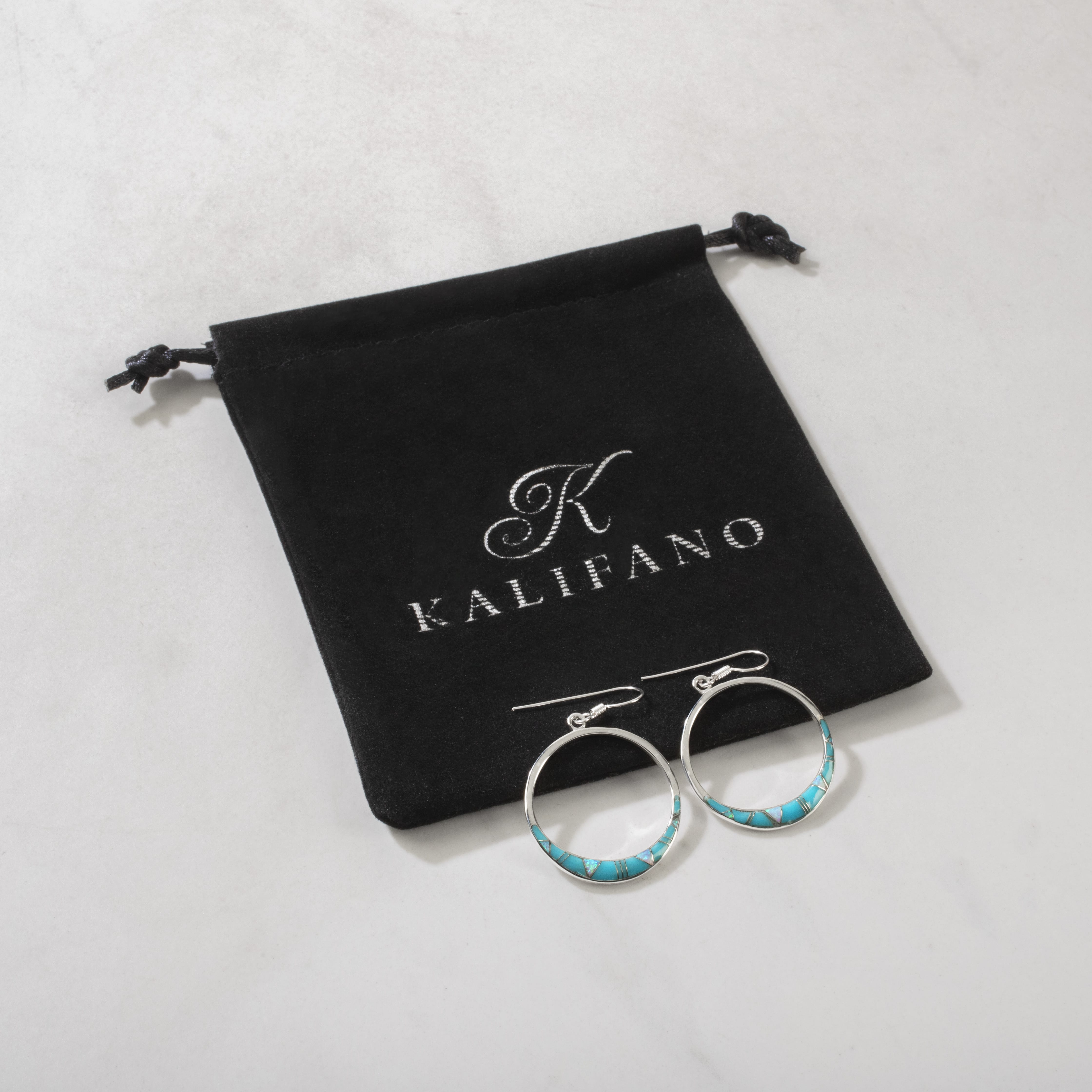 Kalifano Southwest Silver Jewelry Turquoise Hoop 925 Sterling Silver USA Handmade Earring with French Hook & Opal Accent NME.2314.TQ
