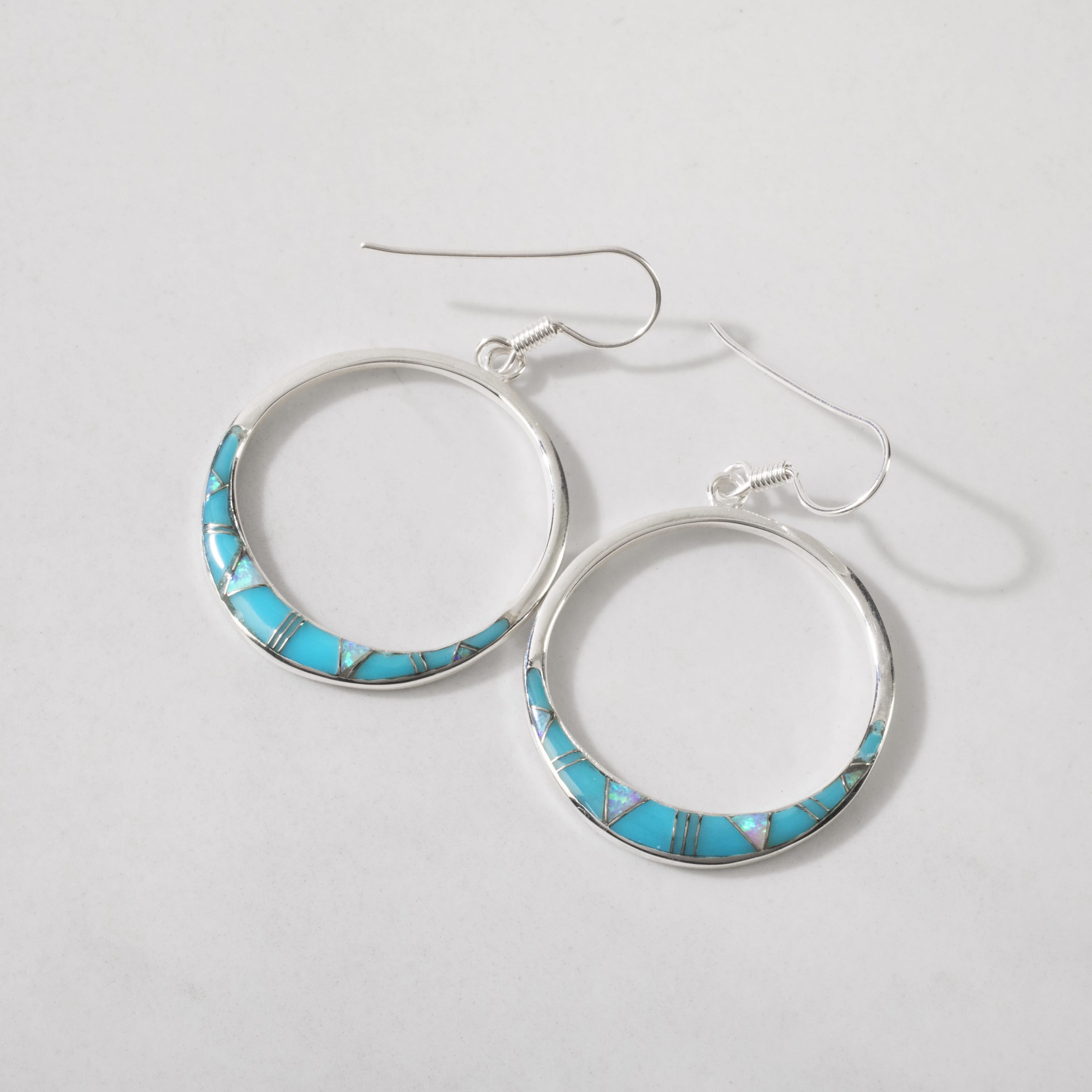 Kalifano Southwest Silver Jewelry Turquoise Hoop 925 Sterling Silver USA Handmade Earring with French Hook & Opal Accent NME.2314.TQ