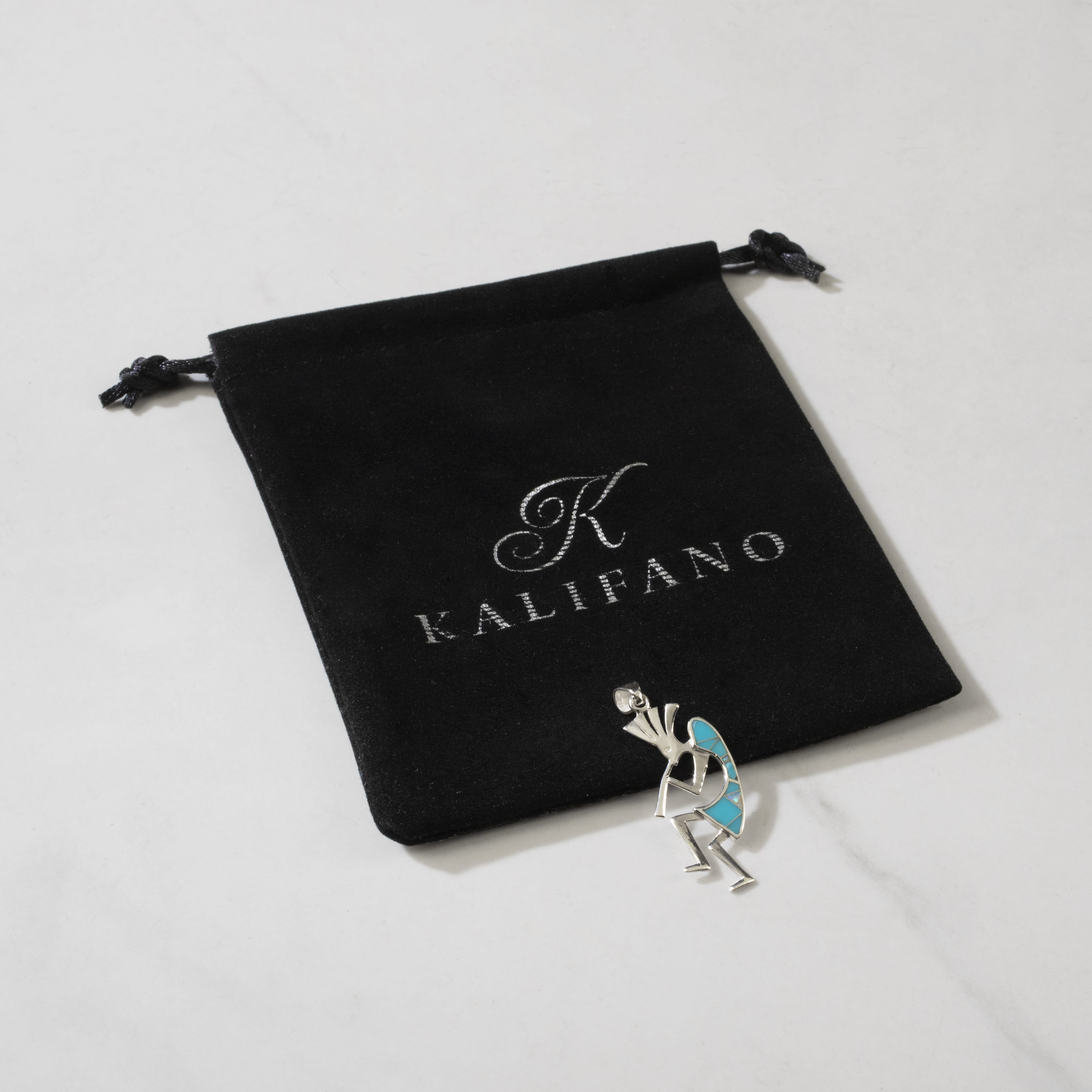 Kalifano Southwest Silver Jewelry Turquoise Kokopelli 925 Sterling Silver Pendant USA Handmade with Opal Accent NMN.2155.TQ