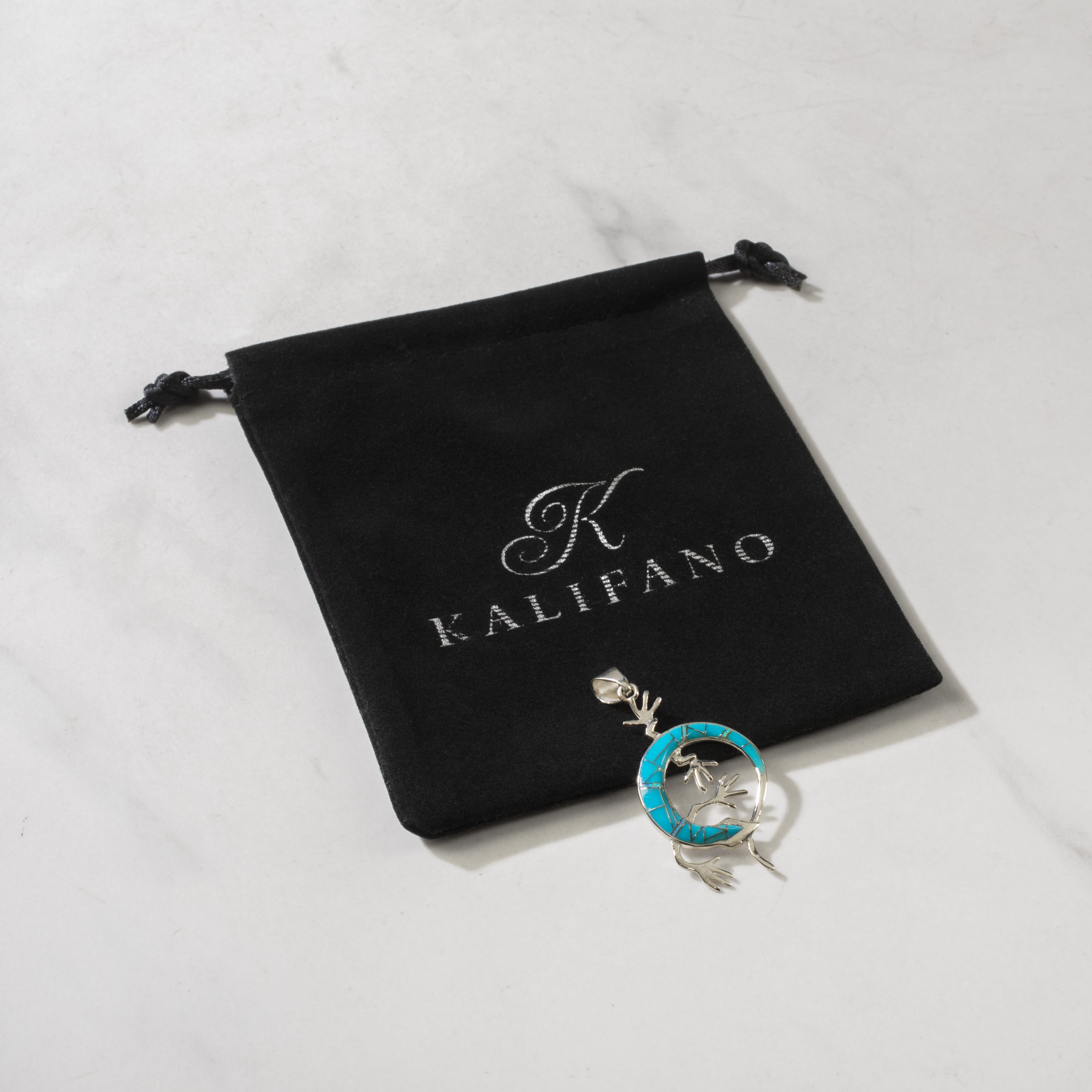Kalifano Southwest Silver Jewelry Turquoise Lizard 925 Sterling Silver USA Handmade Pendant with Opal Accent NMN.2162.TQ