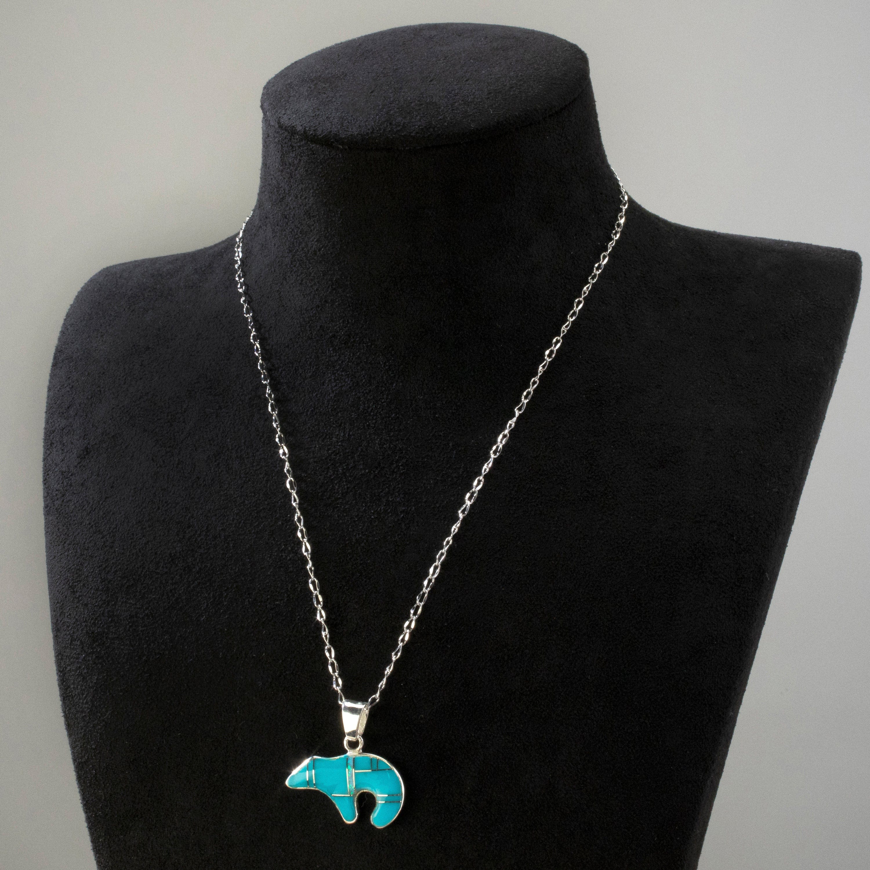 Kalifano Southwest Silver Jewelry Turquoise & Opal Accent Bear USA Handmade 925 Sterling Silver Pendant NMN.0471.TQ