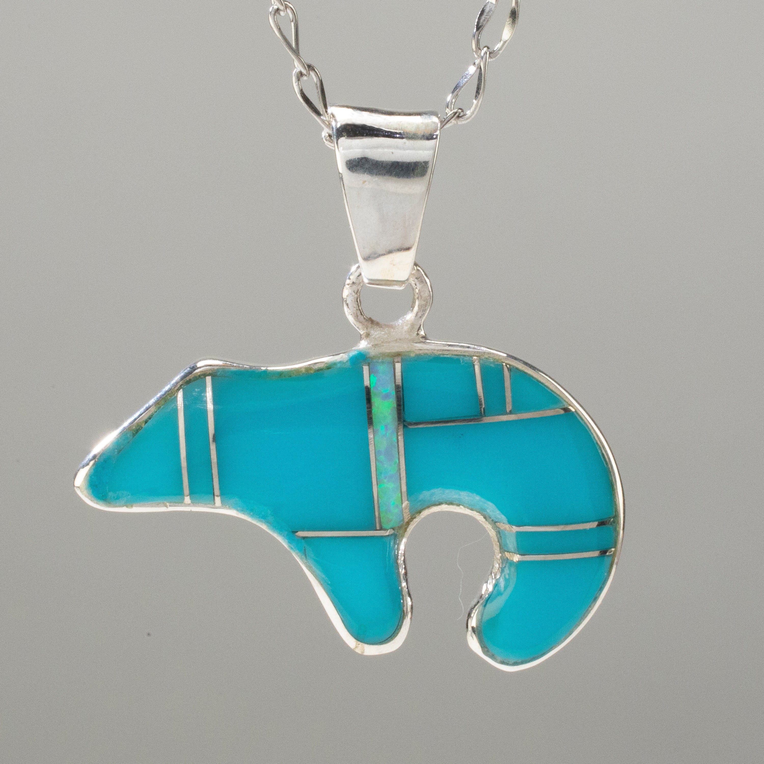 Kalifano Southwest Silver Jewelry Turquoise & Opal Accent Bear USA Handmade 925 Sterling Silver Pendant NMN.0471.TQ