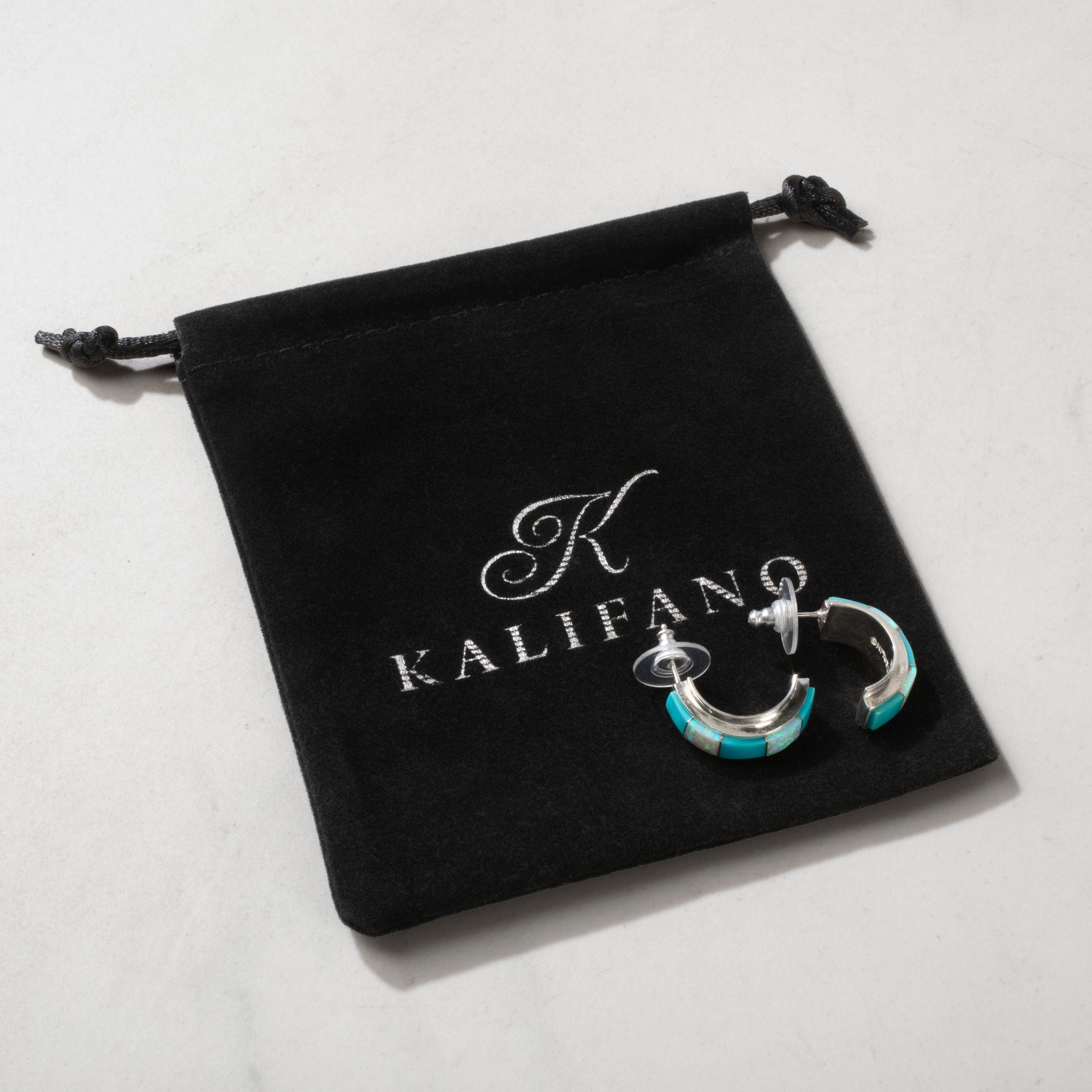 Kalifano Southwest Silver Jewelry Turquoise & Opal Semi Hoop 925 Sterling Silver USA Handmade Earrings with Stud Backing NME.0391.TQ
