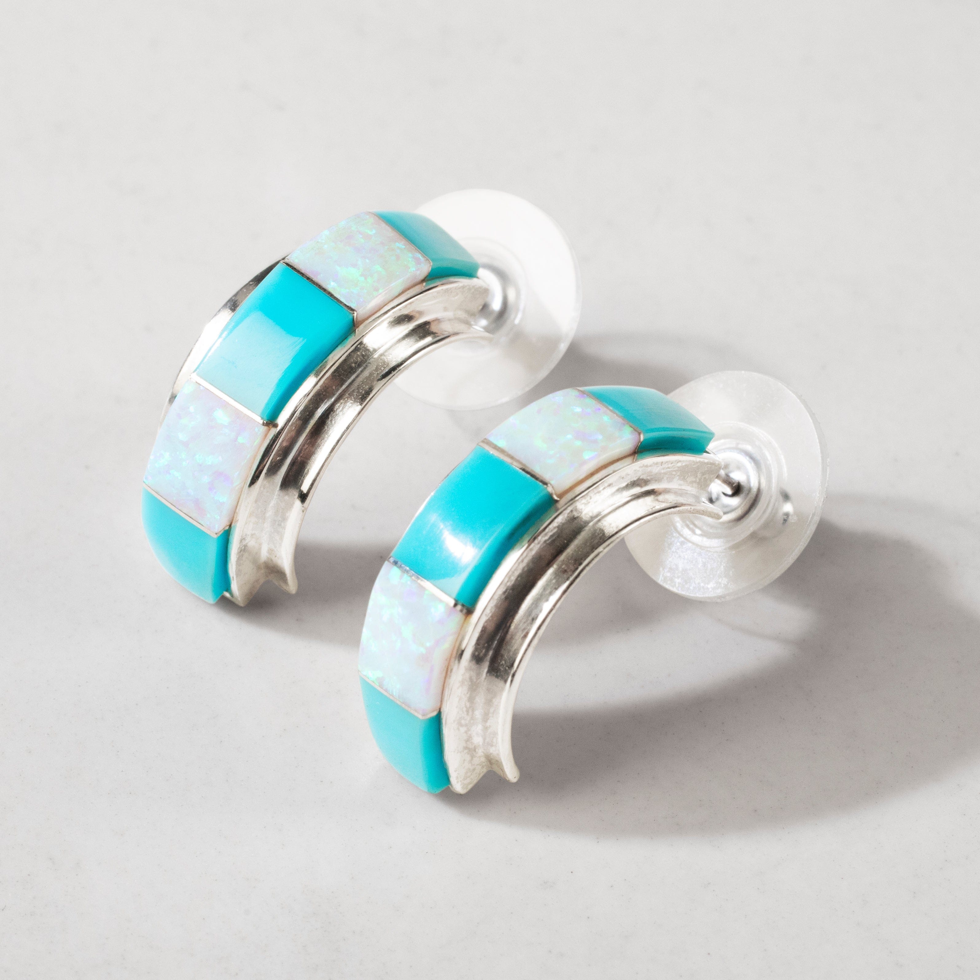Kalifano Southwest Silver Jewelry Turquoise & Opal Semi Hoop 925 Sterling Silver USA Handmade Earrings with Stud Backing NME.0391.TQ