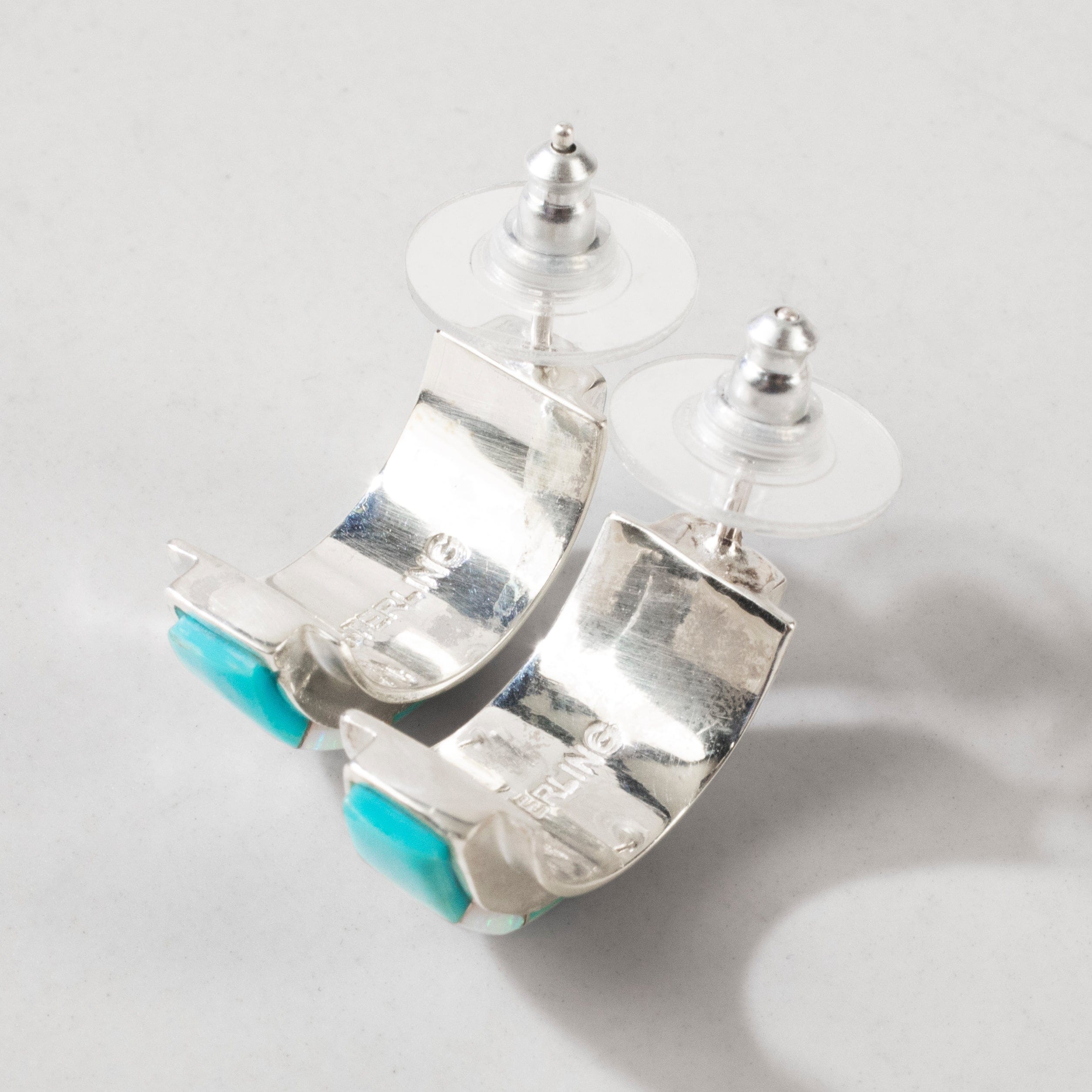 Kalifano Southwest Silver Jewelry Turquoise & Opal Semi Hoop 925 Sterling Silver USA Handmade Earrings with Stud Backing NME.0391.TQ